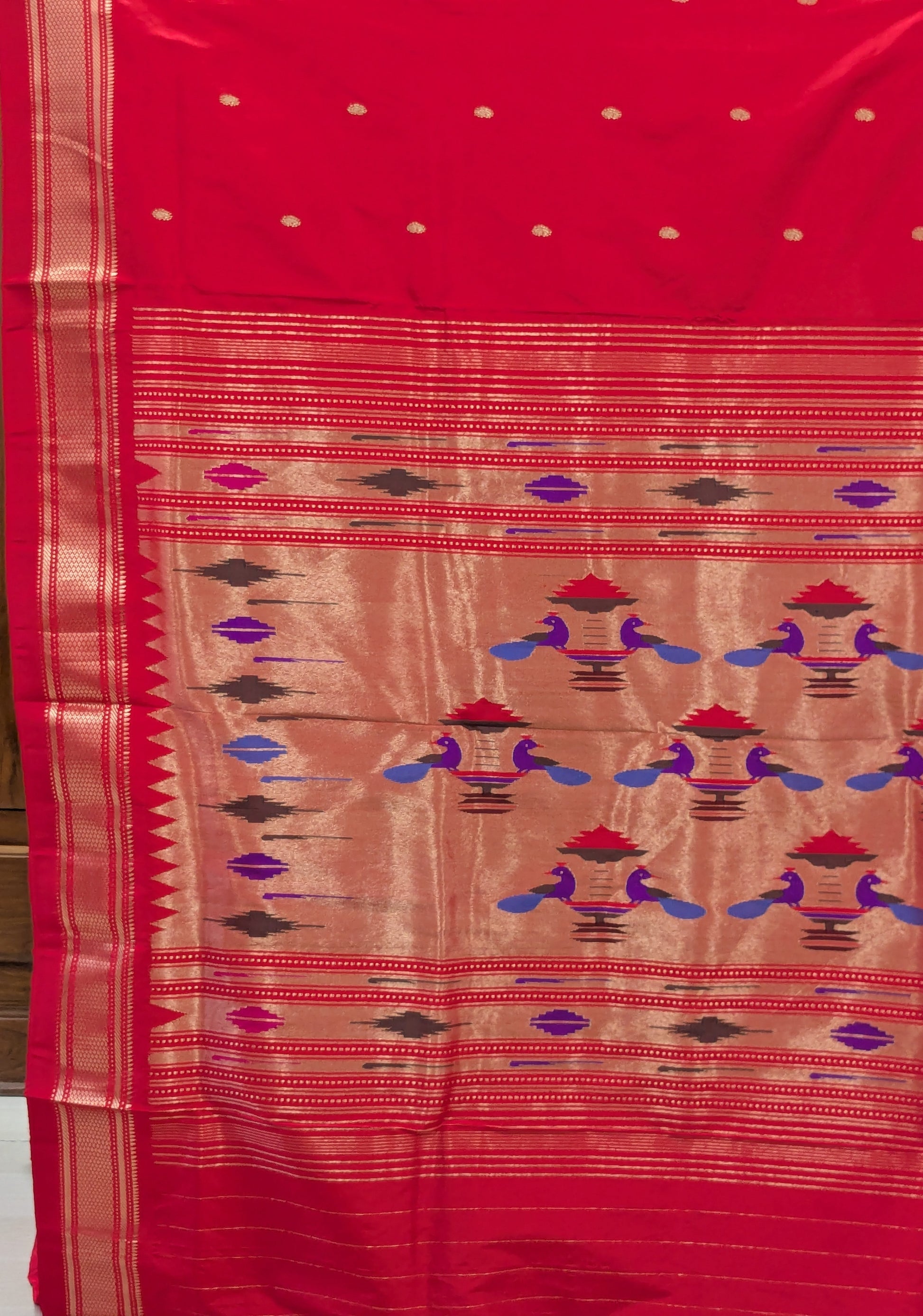 Red Pure Silk Paithani Saree with 14 Peacock Double Padar
