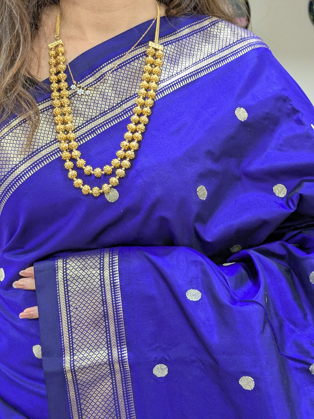 Purplish Blue Pure Silk Paithani Saree with 14 Peacock Double Padar Pallu