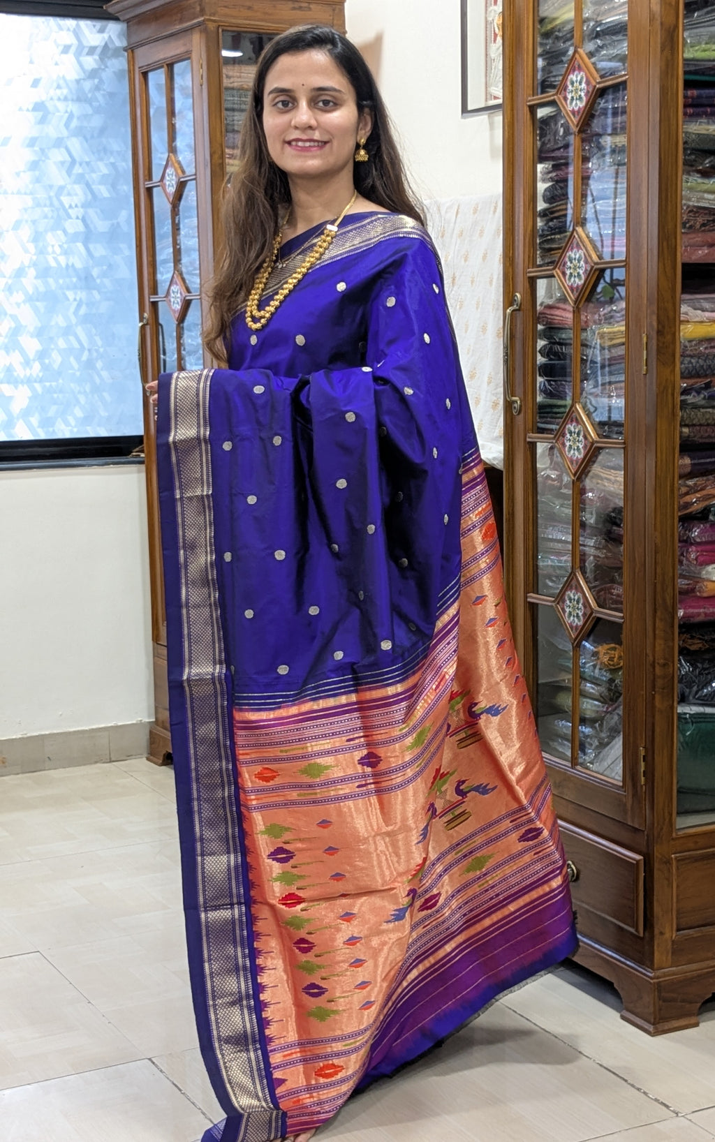 Purplish Blue Pure Silk Paithani Saree with 14 Peacock Double Padar Pallu