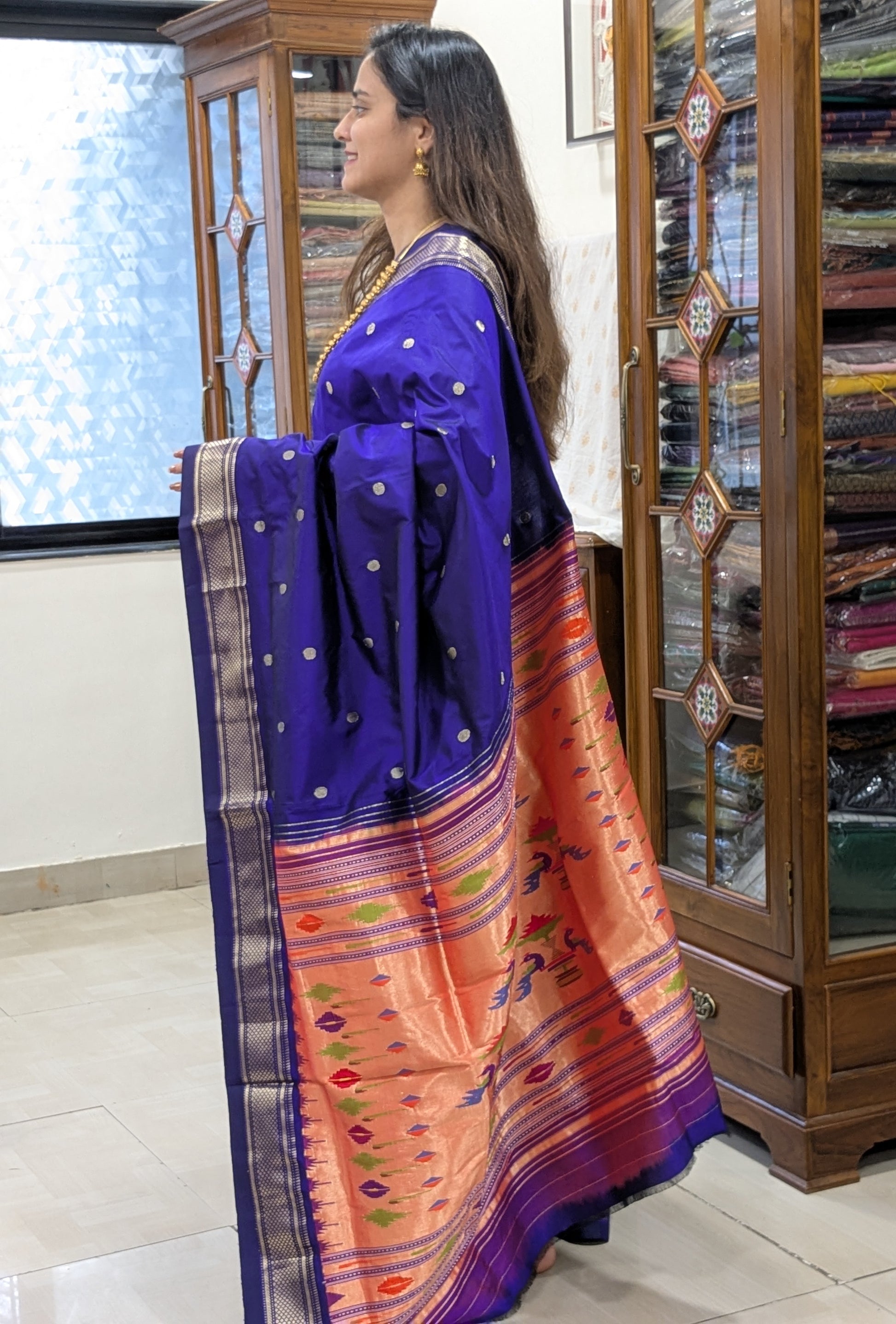 Purplish Blue Pure Silk Paithani Saree with 14 Peacock Double Padar Pallu