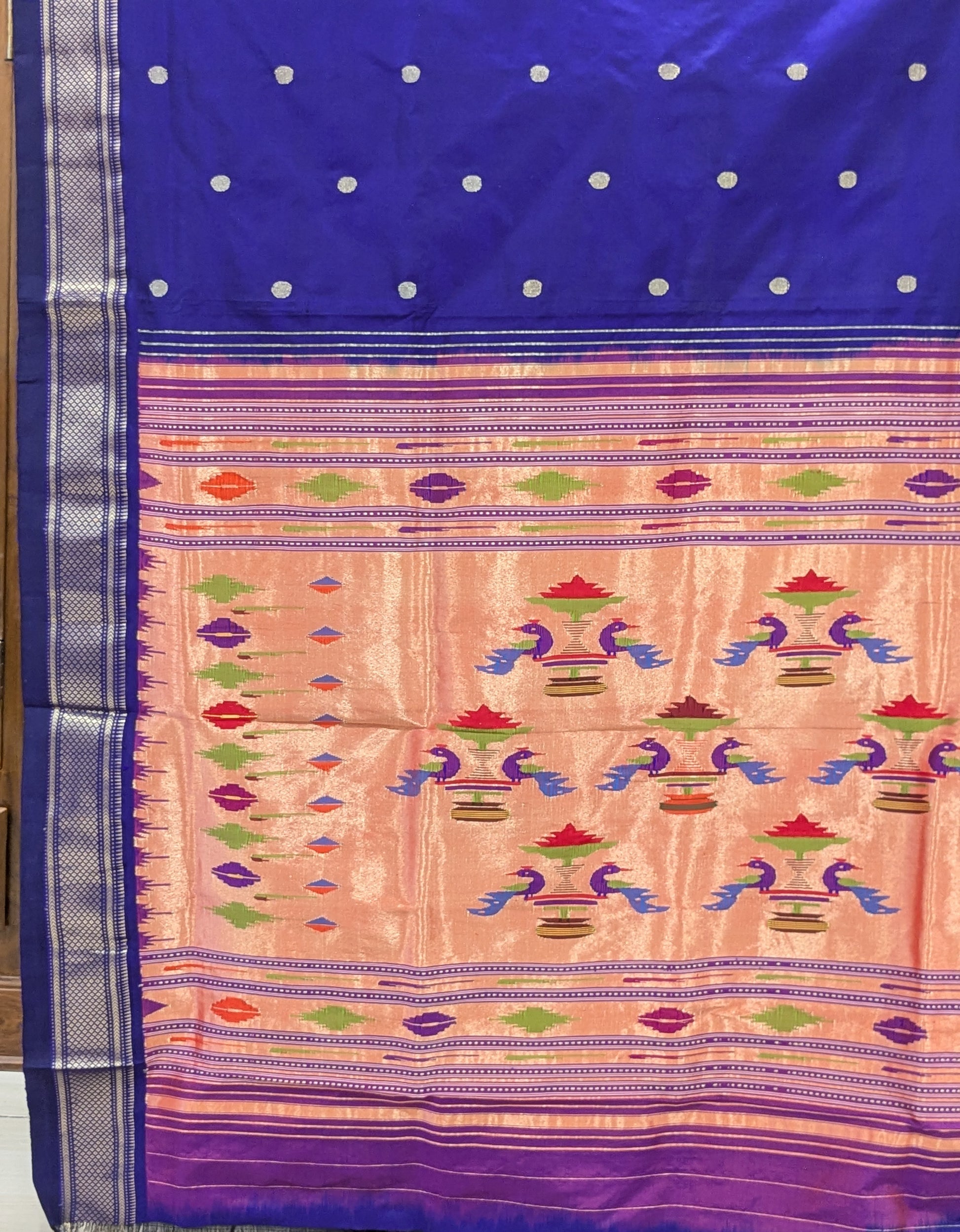Purplish Blue Pure Silk Paithani Saree with 14 Peacock Double Padar Pallu