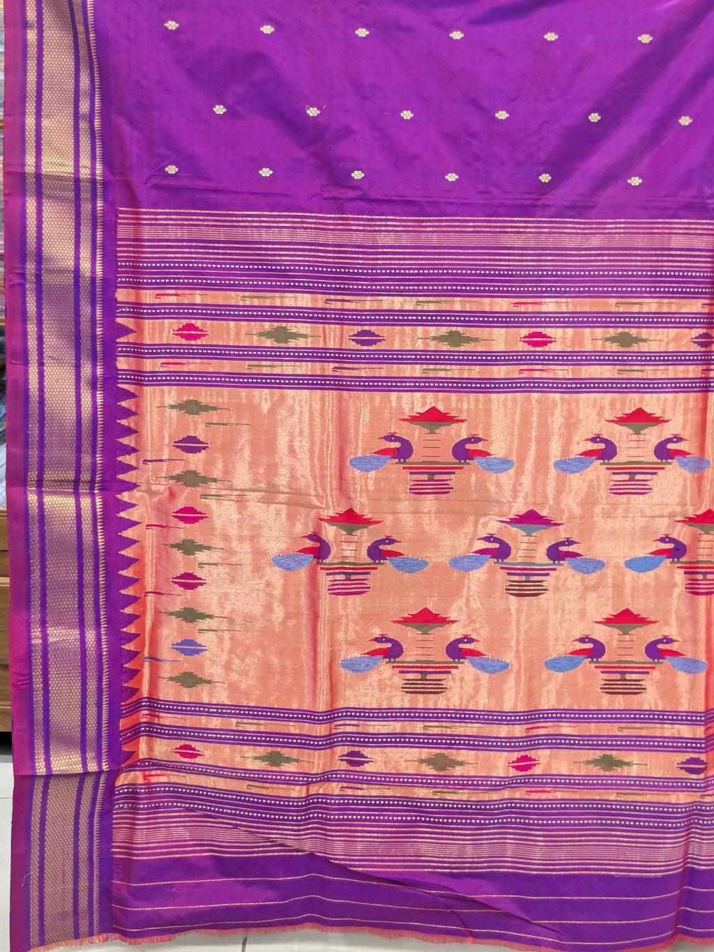 Purple Dhoop Chaav Pure Silk Paithani Saree with14 Peacock Double Padar Pallu