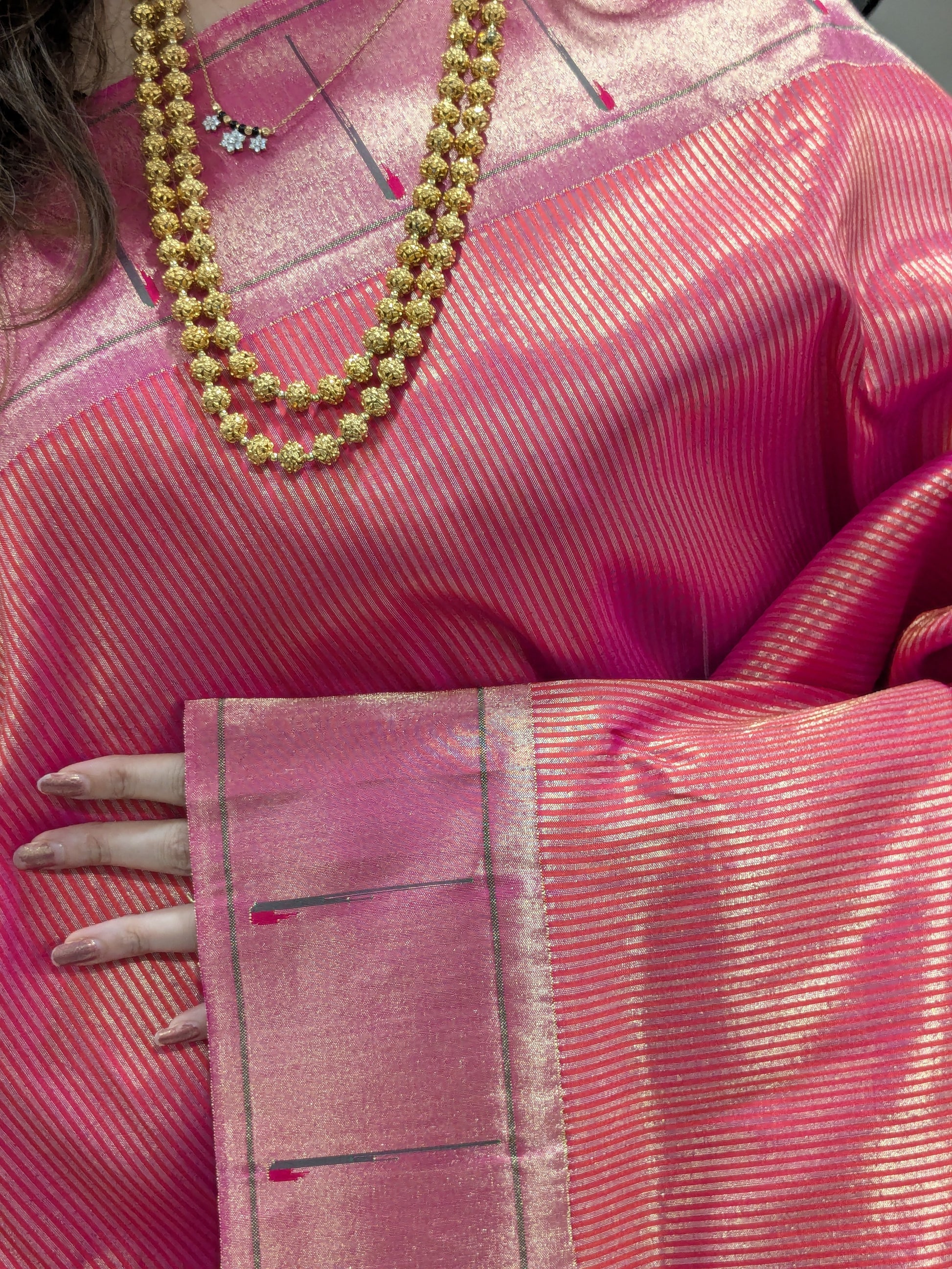 Rani Pink Pure Silk Paithani Saree with Zari Stripes & Intricate Lotus Flower Pallu