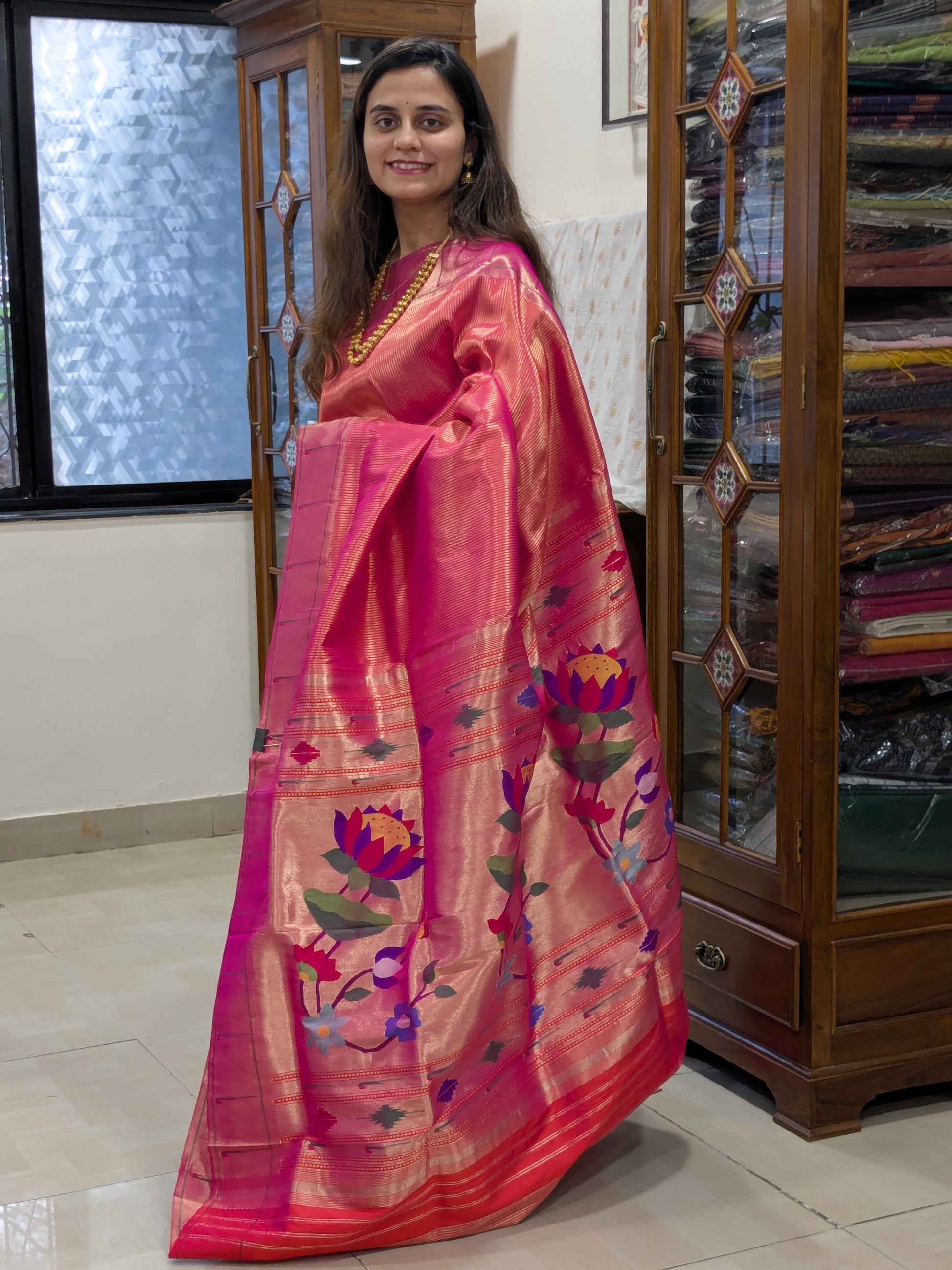 Rani Pink Pure Silk Paithani Saree with Zari Stripes & Intricate Lotus Flower Pallu