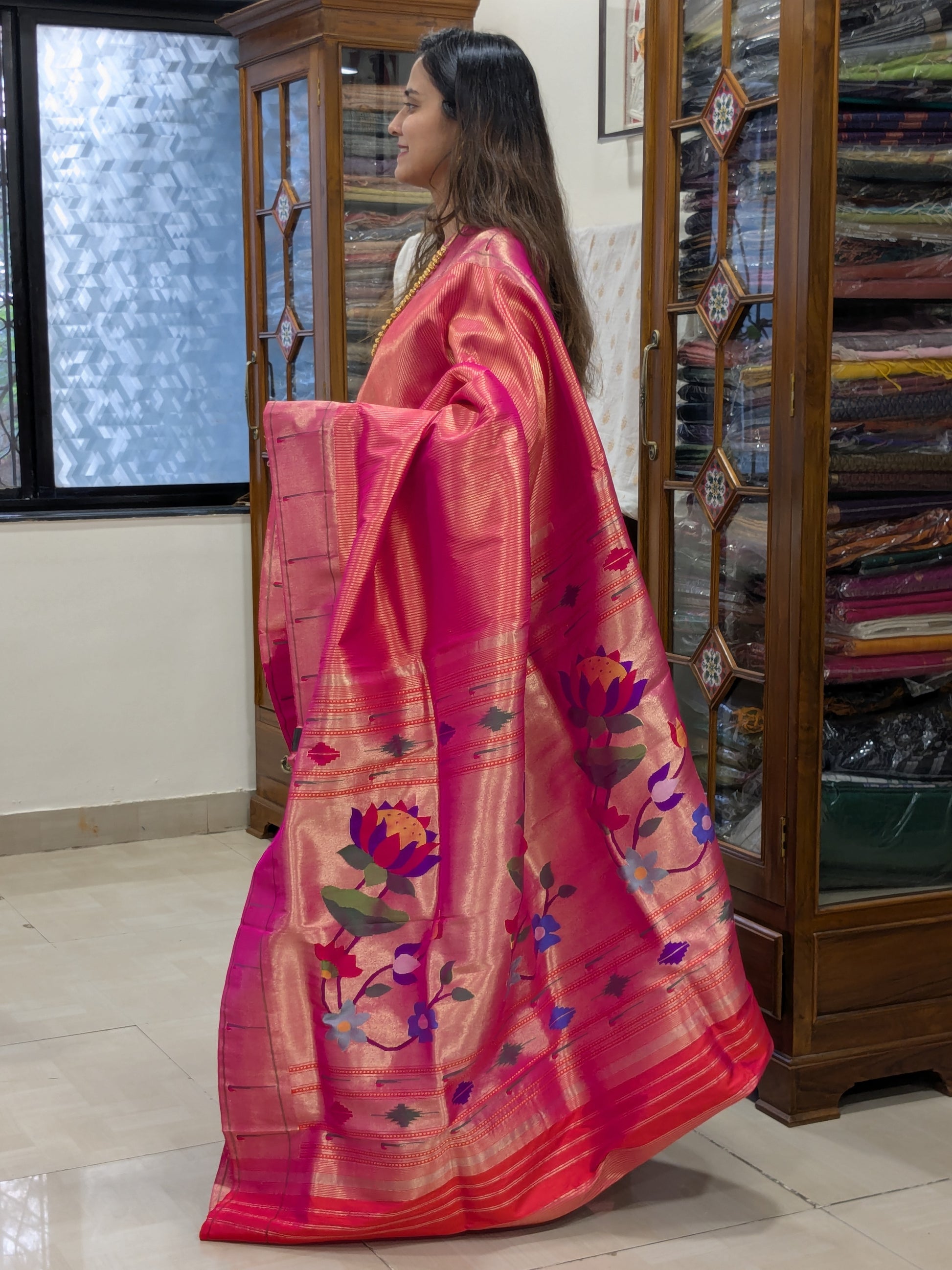 Rani Pink Pure Silk Paithani Saree with Zari Stripes & Intricate Lotus Flower Pallu