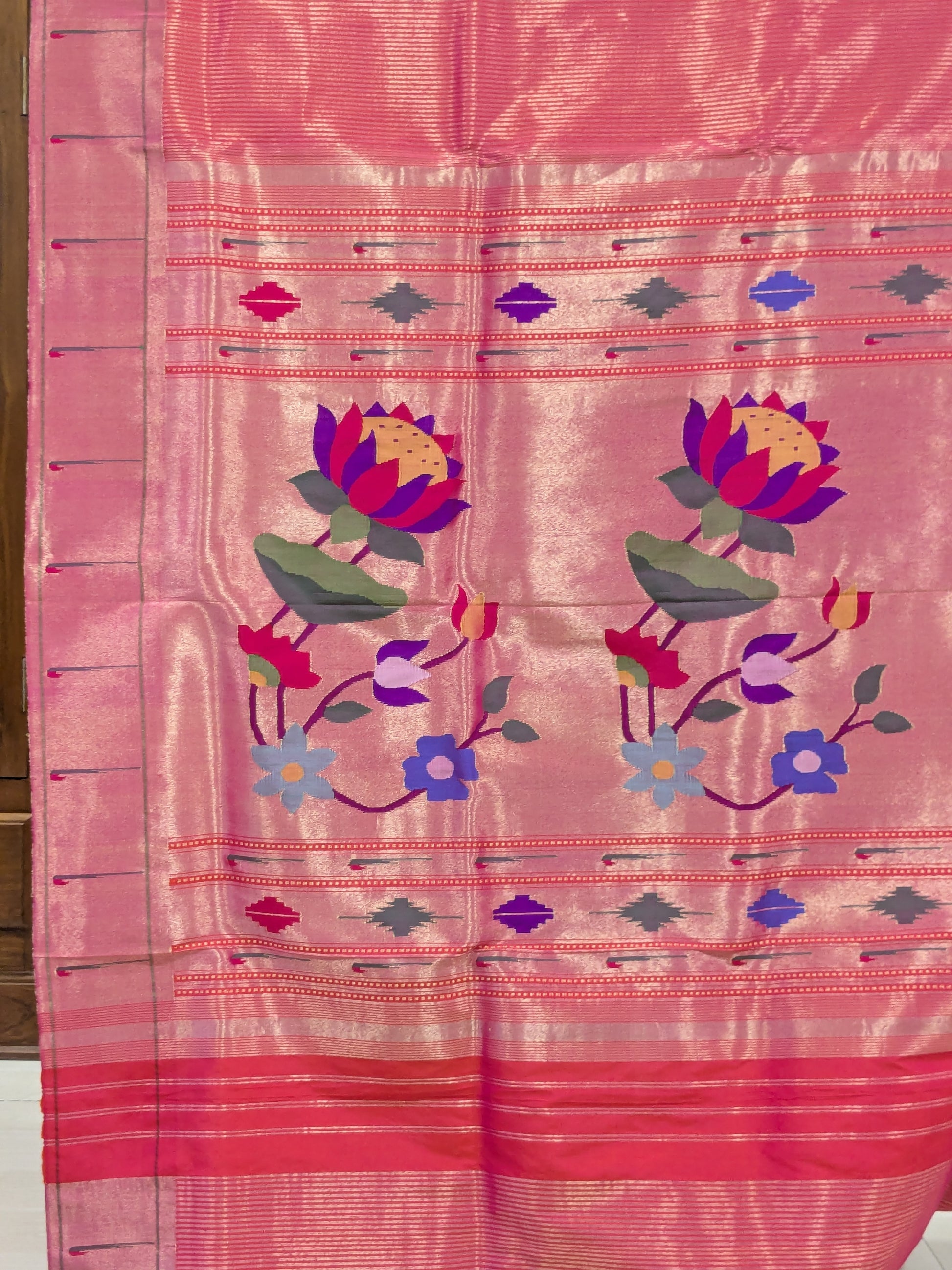 Rani Pink Pure Silk Paithani Saree with Zari Stripes & Intricate Lotus Flower Pallu