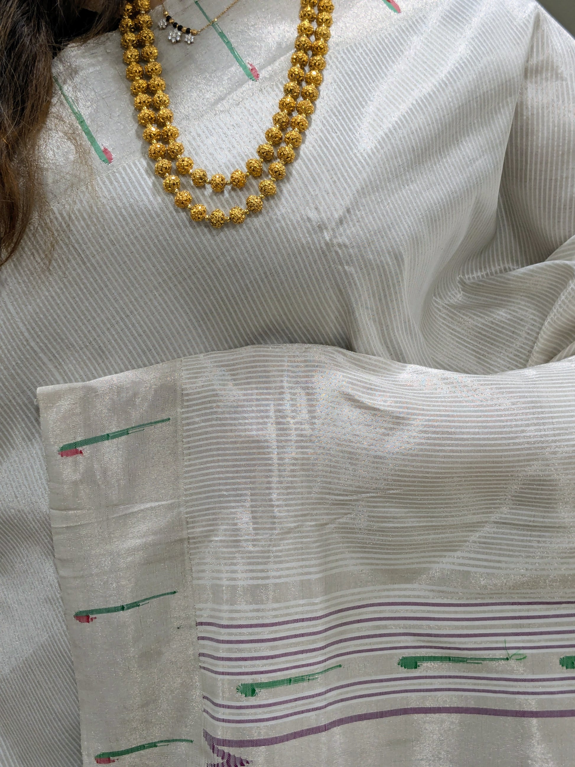 White Pure Silk Paithani Saree with All-Over Zari Stripes & Peacock Floral Pallu