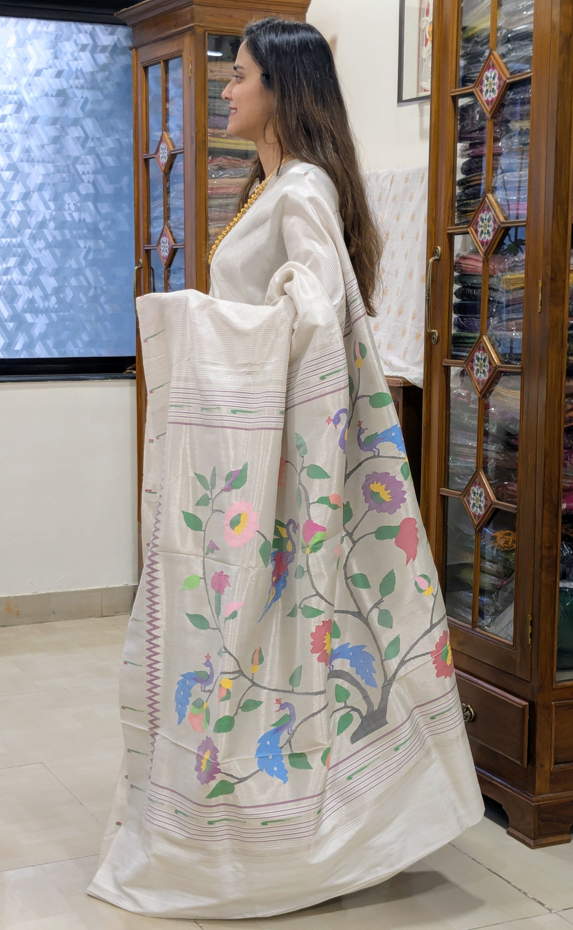White Pure Silk Paithani Saree with All-Over Zari Stripes & Peacock Floral Pallu