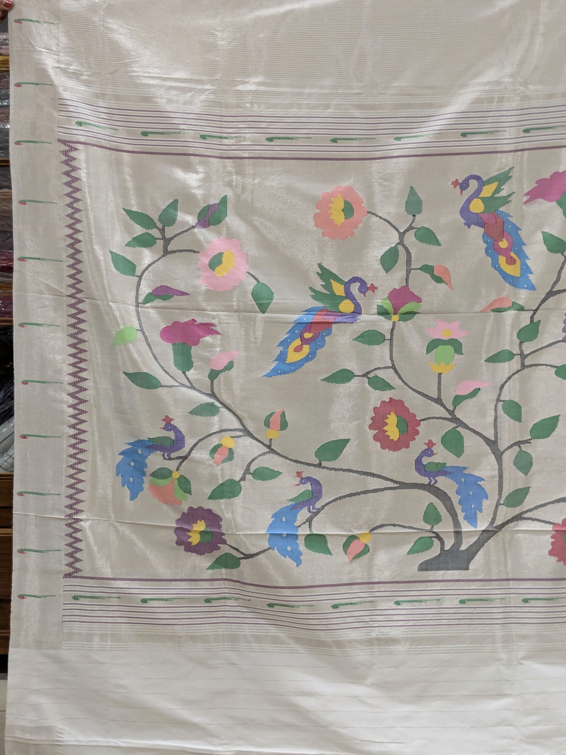 White Pure Silk Paithani Saree with All-Over Zari Stripes & Peacock Floral Pallu