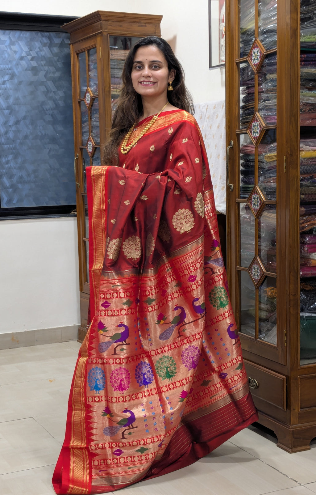 Maroon Pure Silk Paithani Saree with Meena Pallu