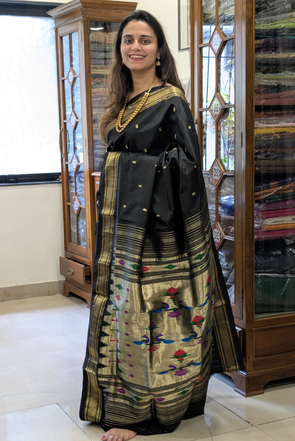 Black Pure Silk Paithani Saree with 14 Peacock Double Padar