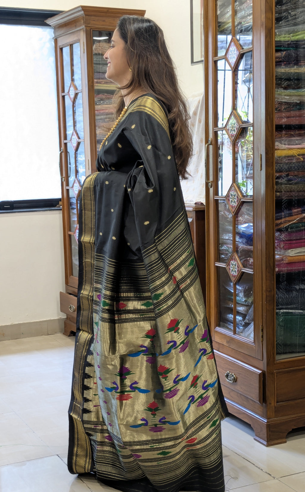 Black Pure Silk Paithani Saree with 14 Peacock Double Padar