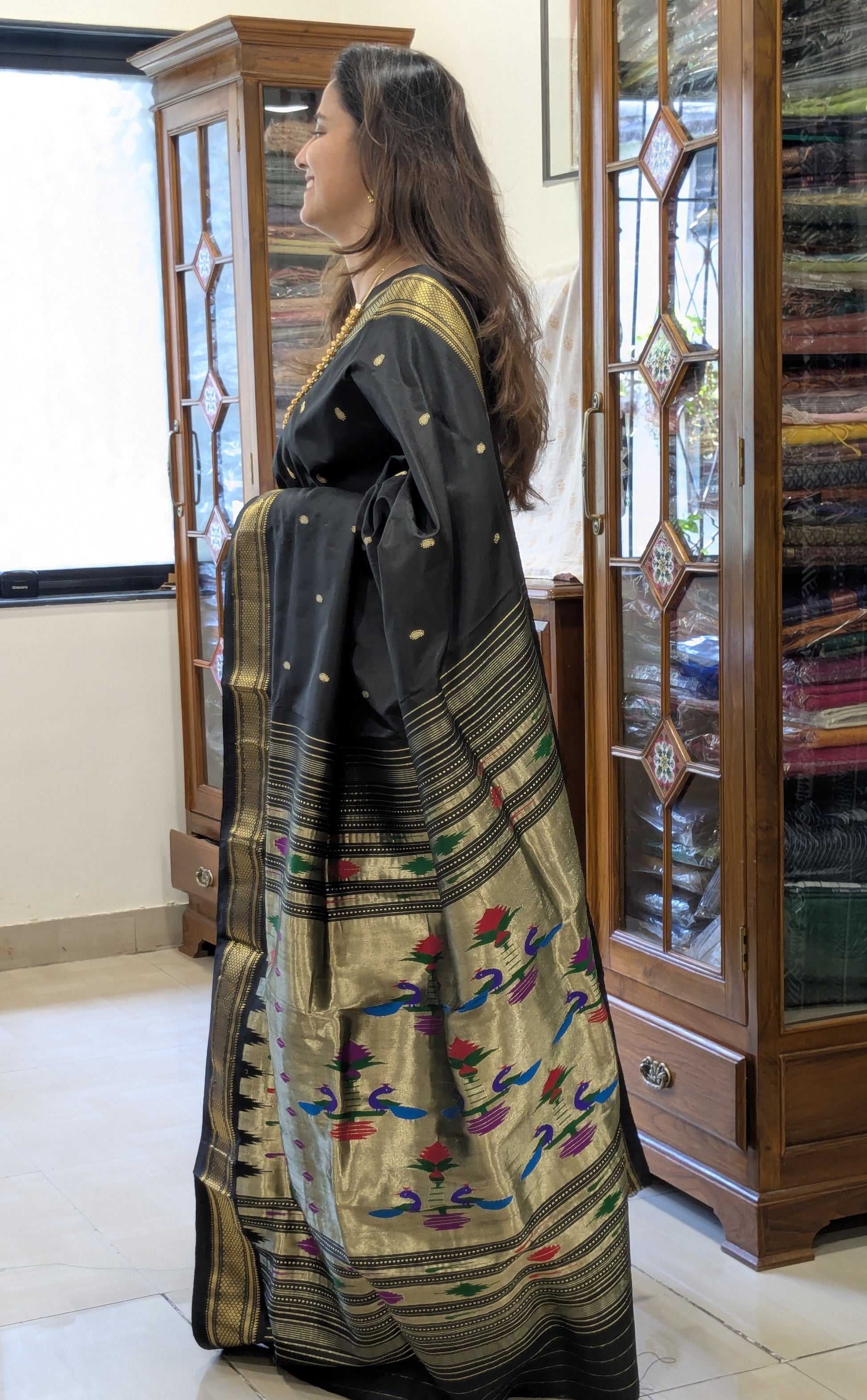Black Pure Silk Paithani Saree with 14 Peacock Double Padar
