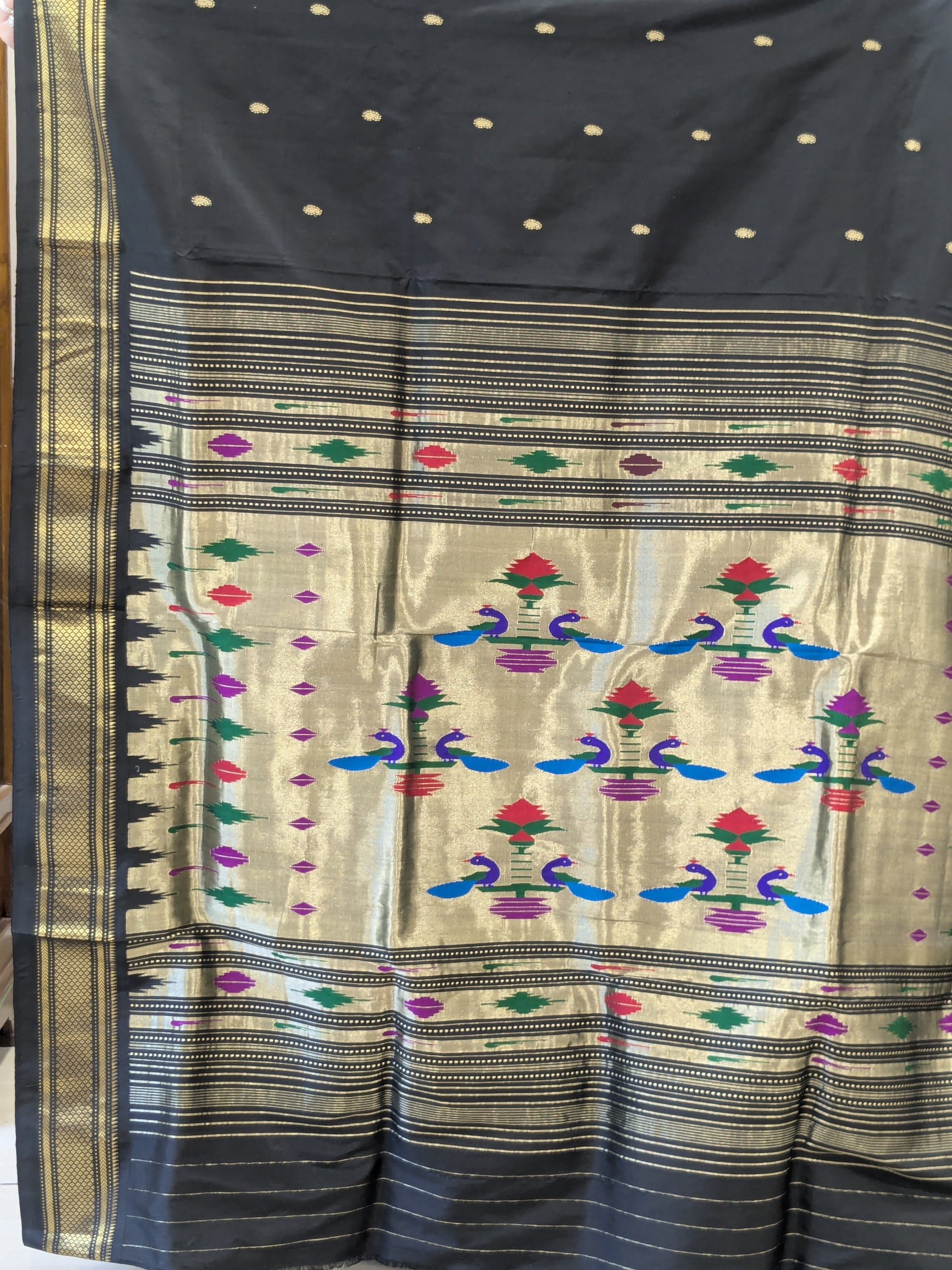 Black Pure Silk Paithani Saree with 14 Peacock Double Padar