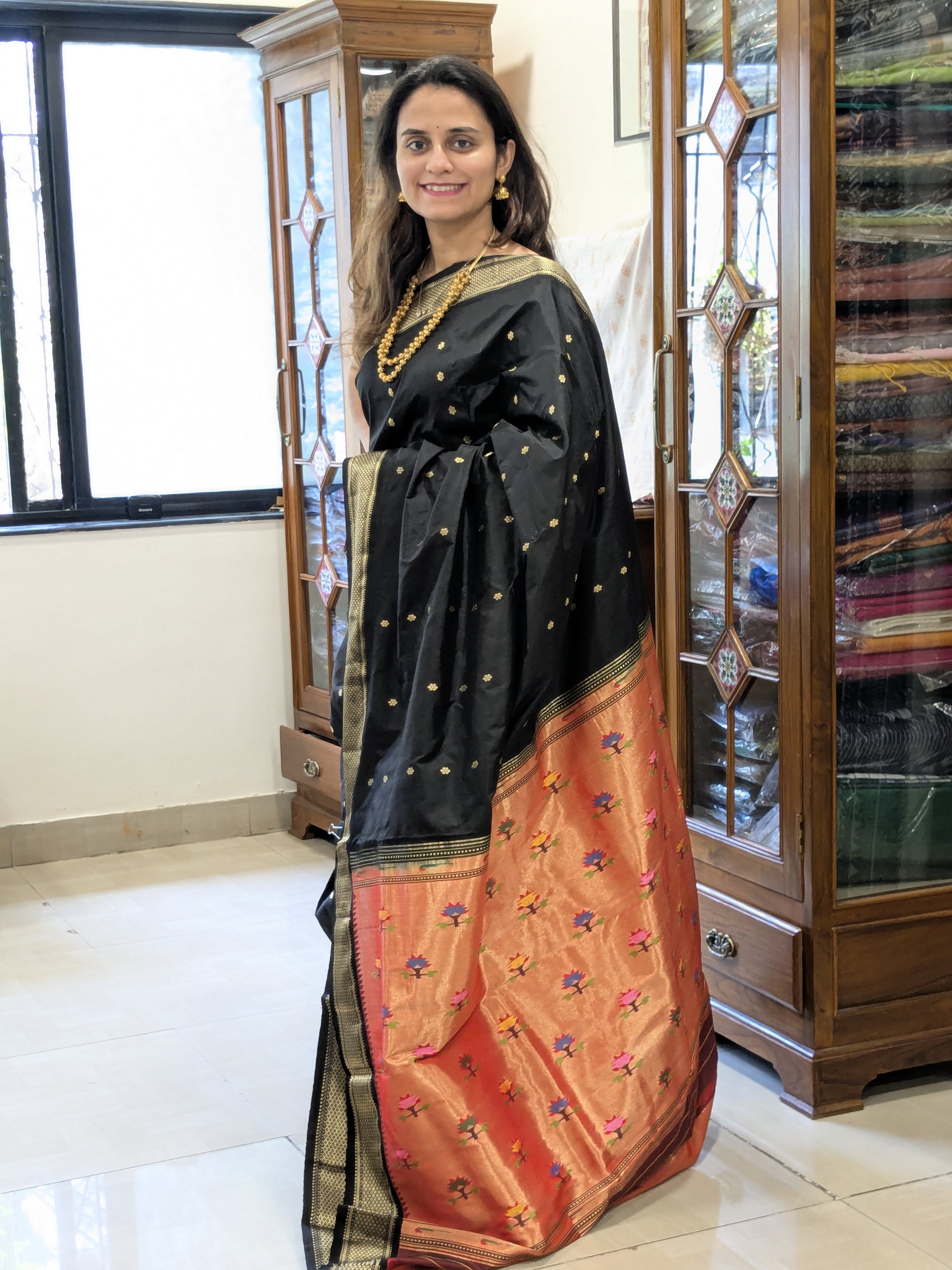 Black Pure Silk Paithani Saree with Karnful Buttis & Asawali Pallu