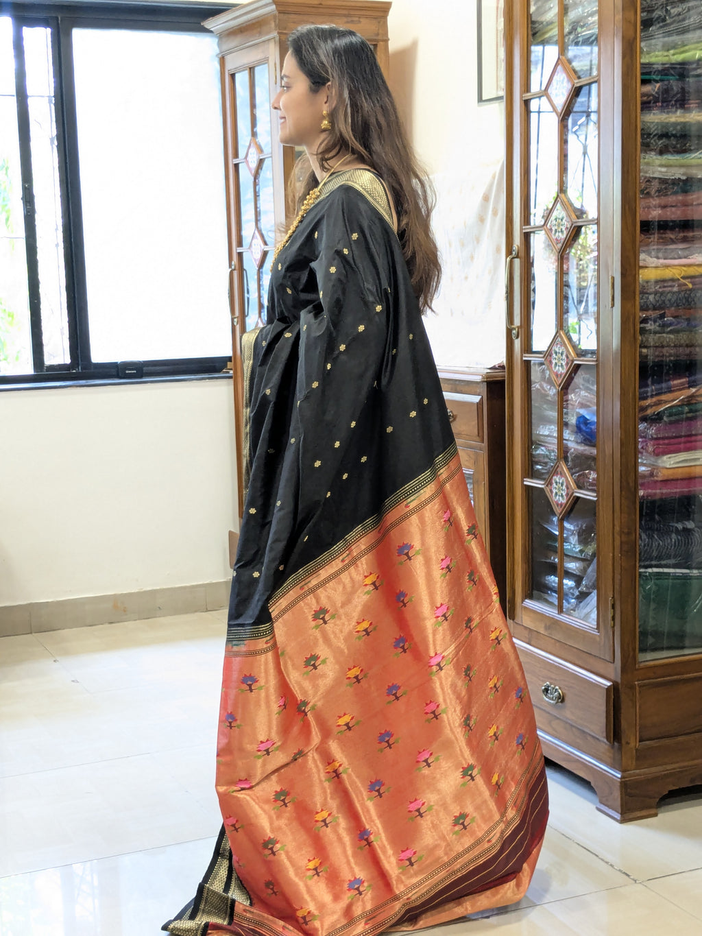 Black Pure Silk Paithani Saree with Karnful Buttis & Asawali Pallu