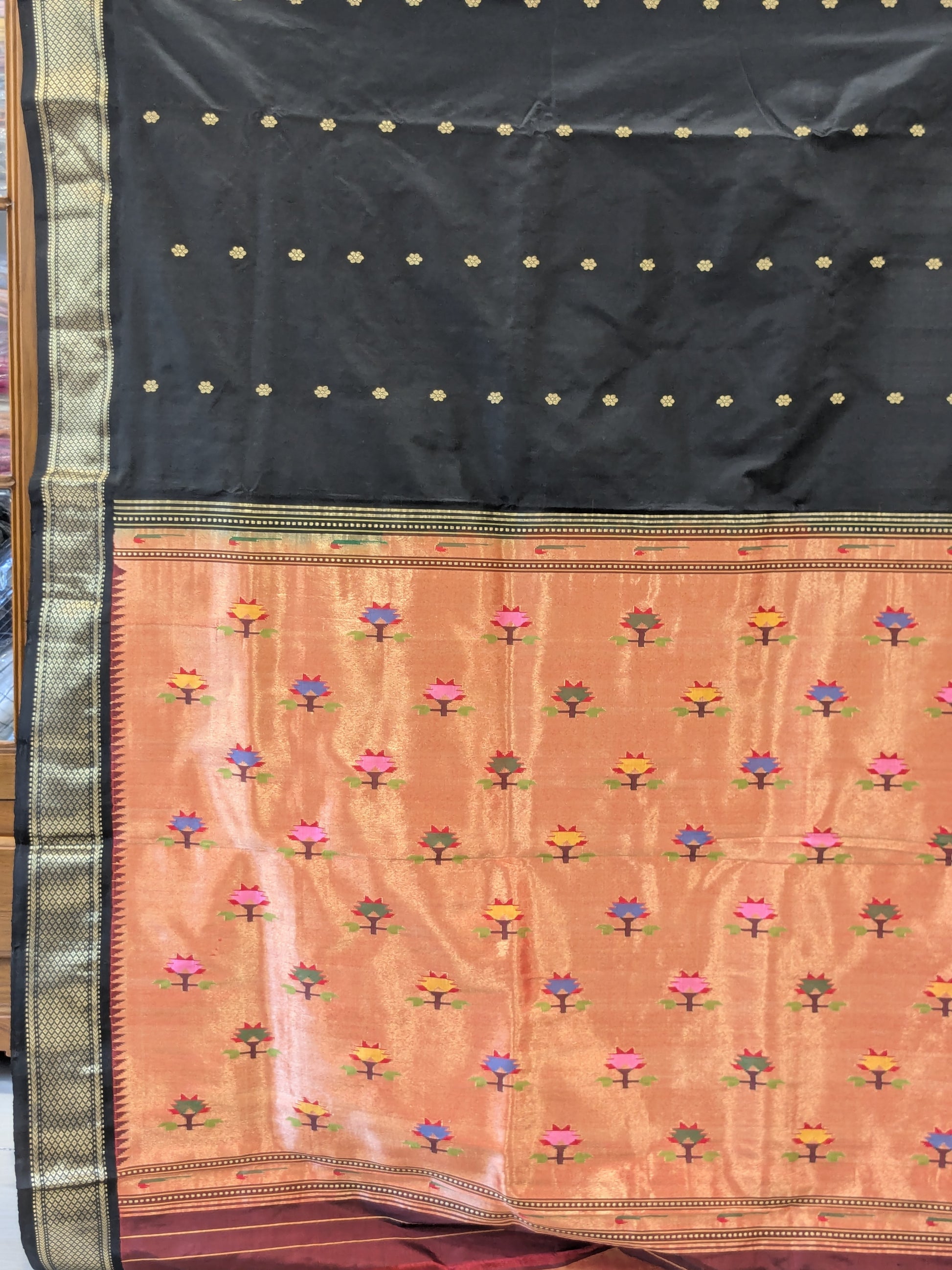 Black Pure Silk Paithani Saree with Karnful Buttis & Asawali Pallu