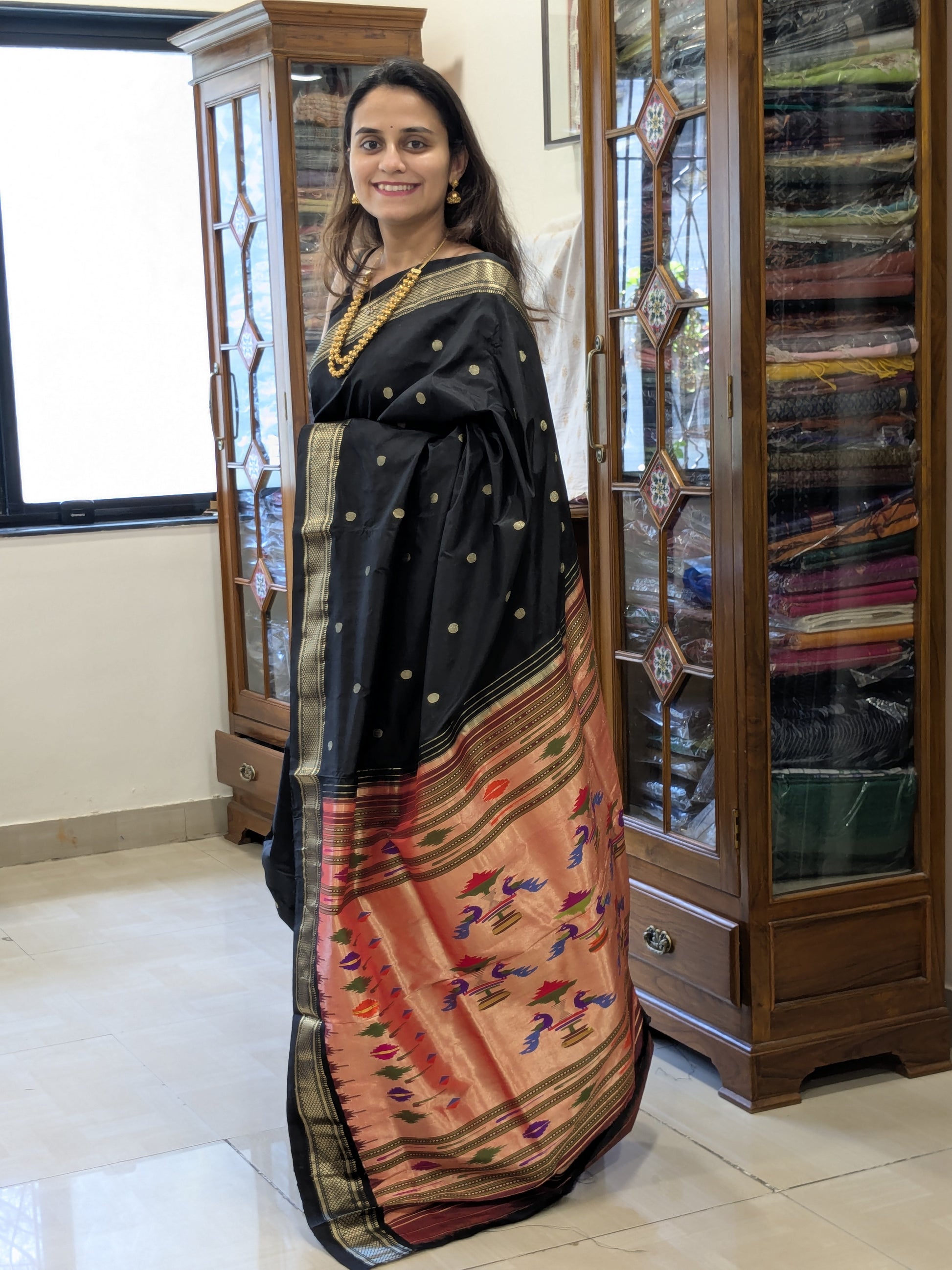 Pure Silk Black Paithani Saree with 14 Peacock Double Padar