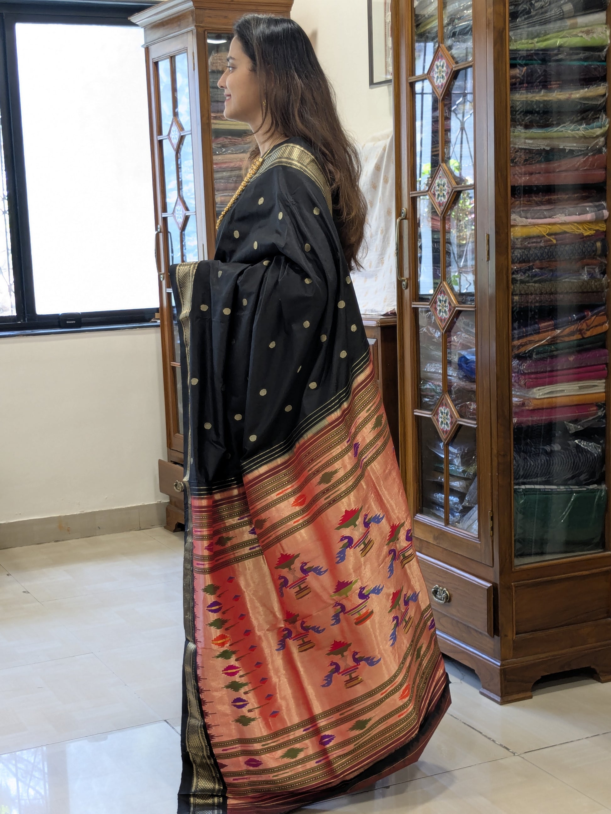 Pure Silk Black Paithani Saree with 14 Peacock Double Padar