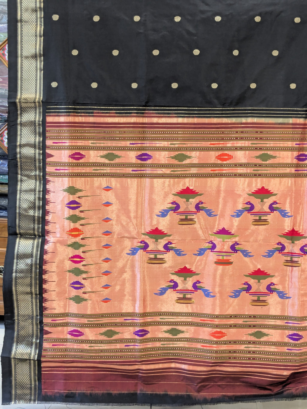 Pure Silk Black Paithani Saree with 14 Peacock Double Padar