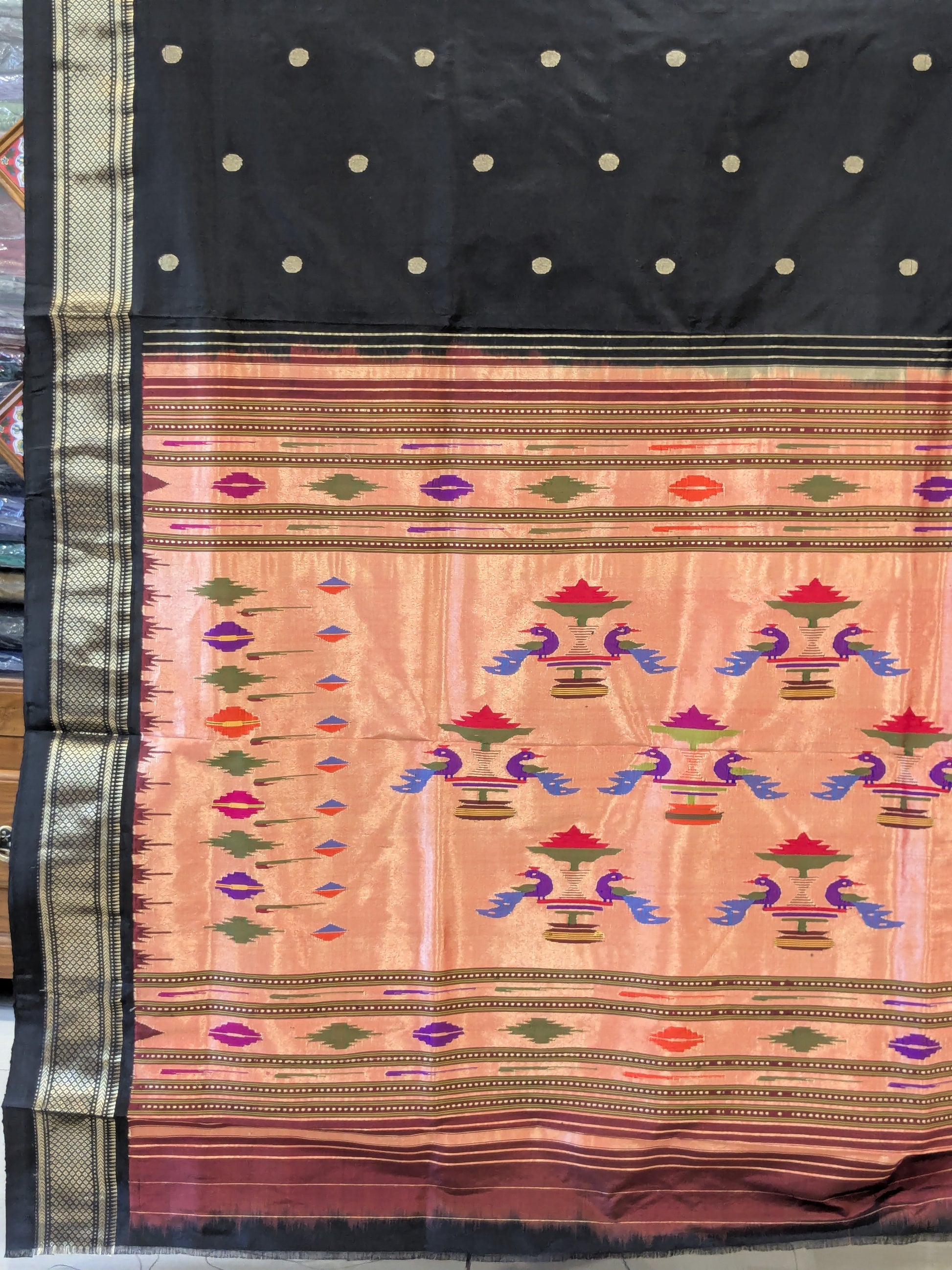 Pure Silk Black Paithani Saree with 14 Peacock Double Padar