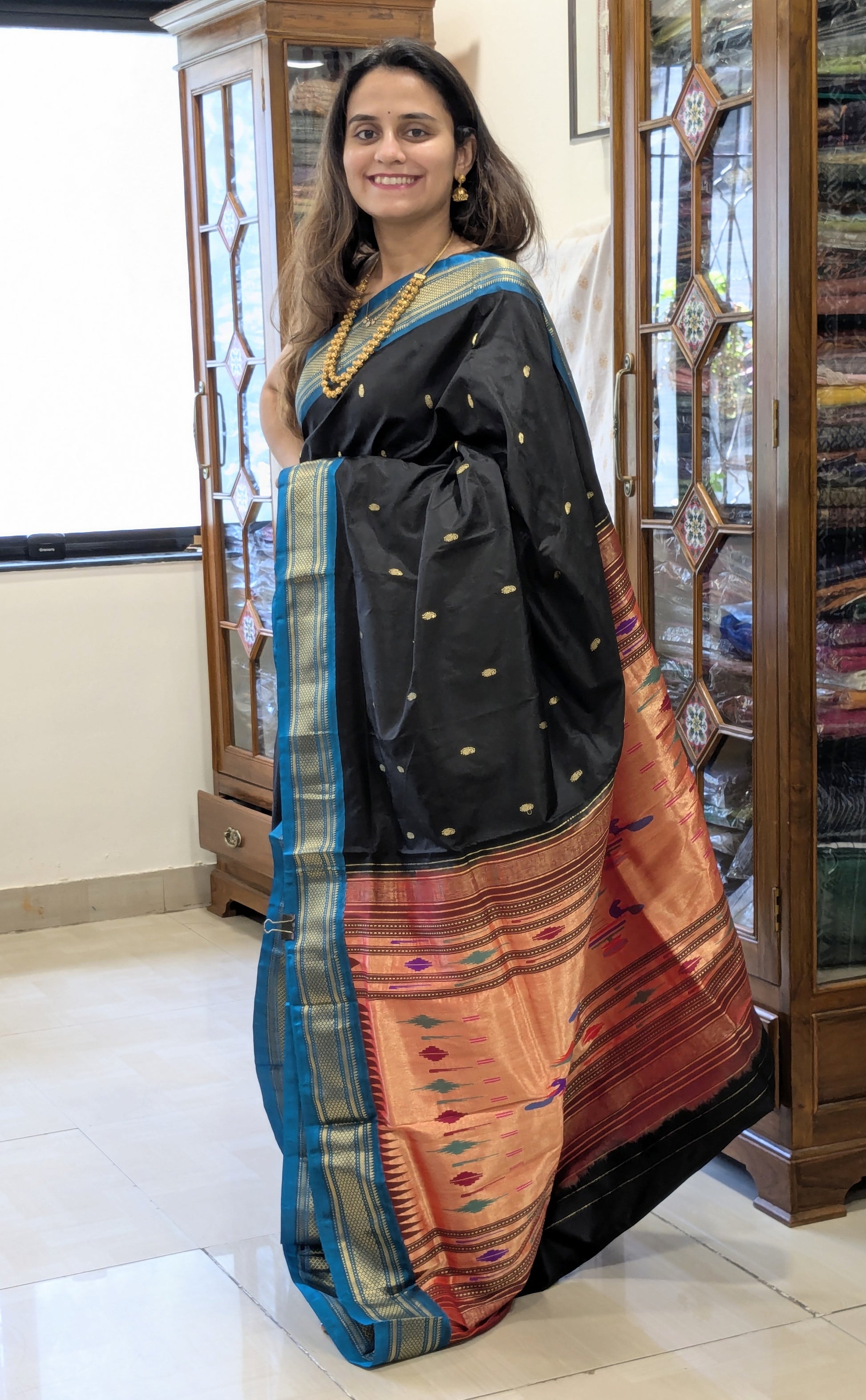 Black Pure Silk Double Padar Paithani Saree with 14 Peacocks