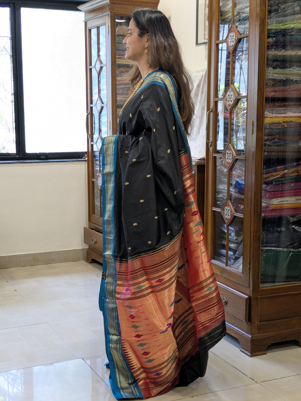 Black Pure Silk Double Padar Paithani Saree with 14 Peacocks