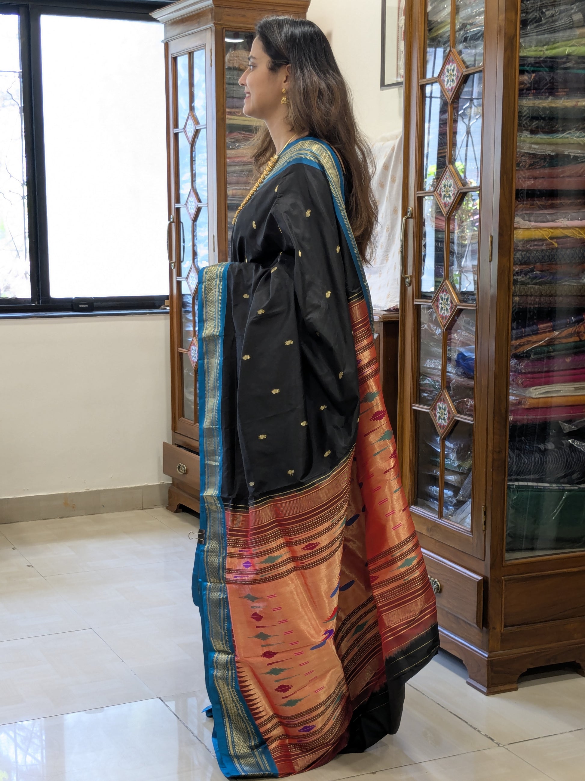 Black Pure Silk Double Padar Paithani Saree with 14 Peacocks