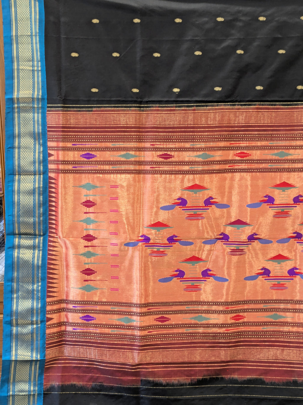 Black Pure Silk Double Padar Paithani Saree with 14 Peacocks