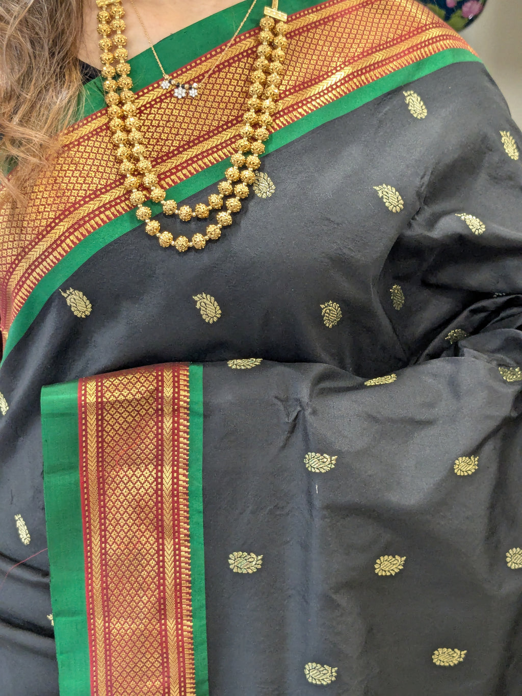 Black Pure Silk Paithani Saree with Big Koyri Buttis & Parrot Peacock Pallu