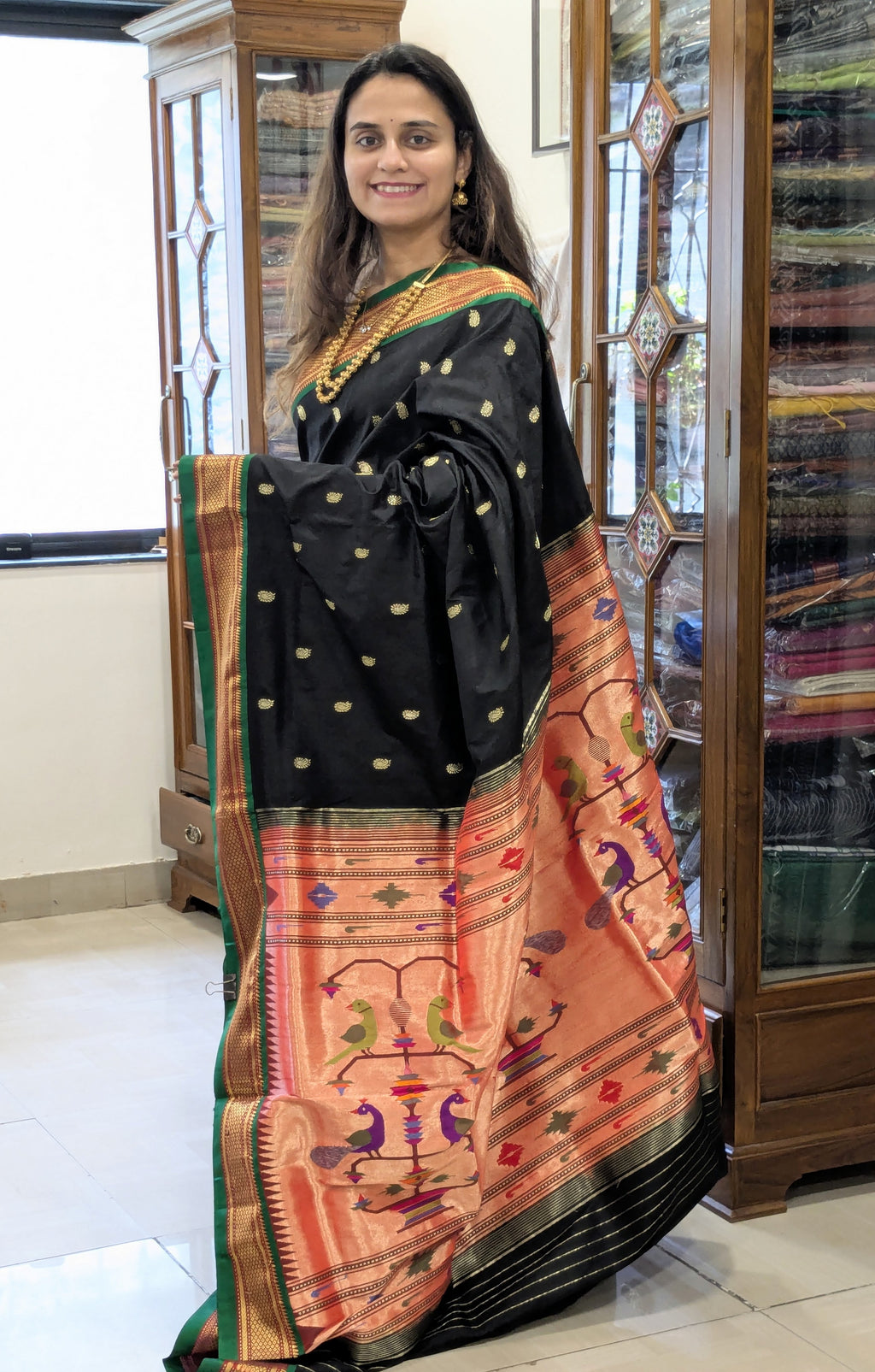 Black Pure Silk Paithani Saree with Big Koyri Buttis & Parrot Peacock Pallu