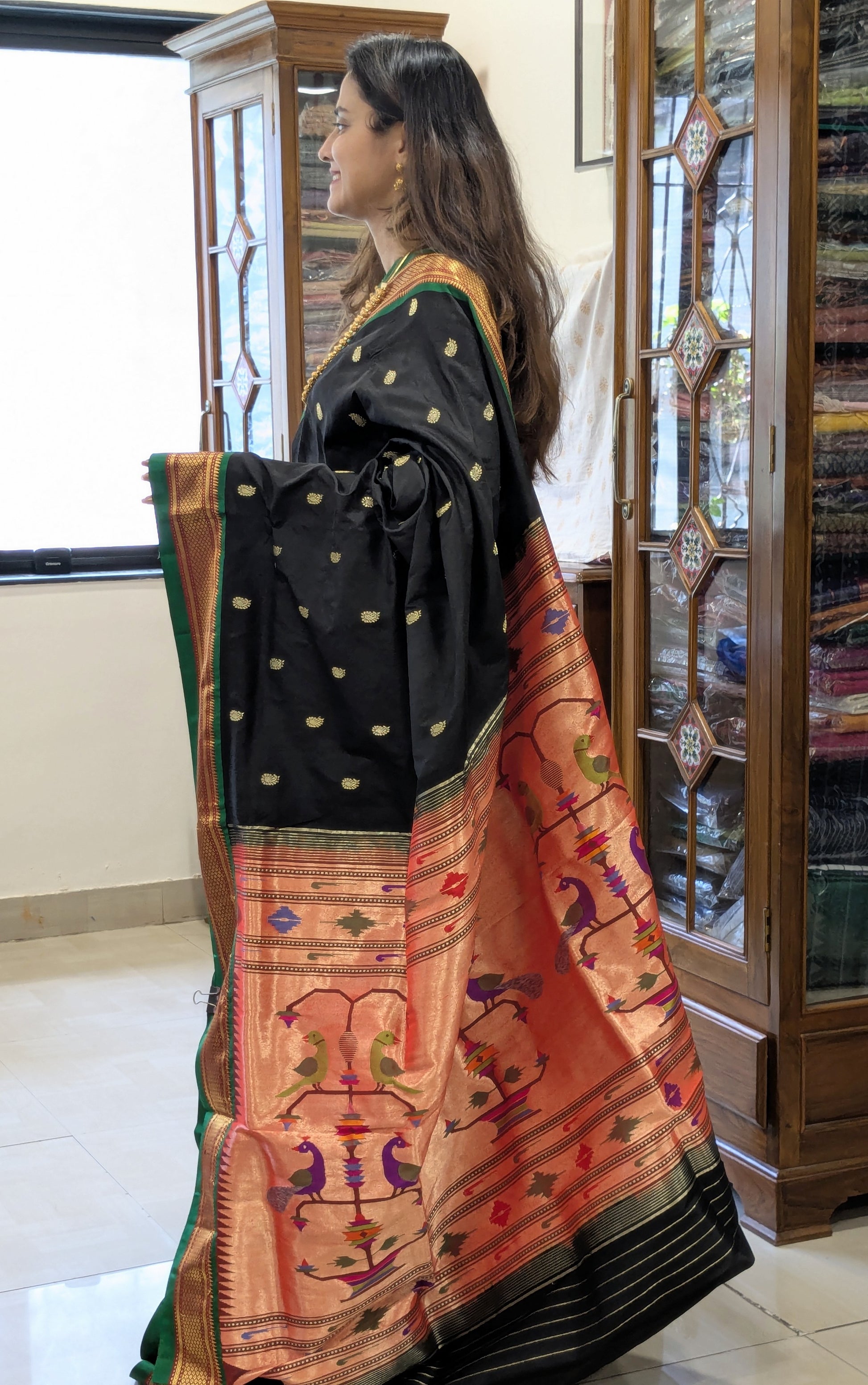 Black Pure Silk Paithani Saree with Big Koyri Buttis & Parrot Peacock Pallu