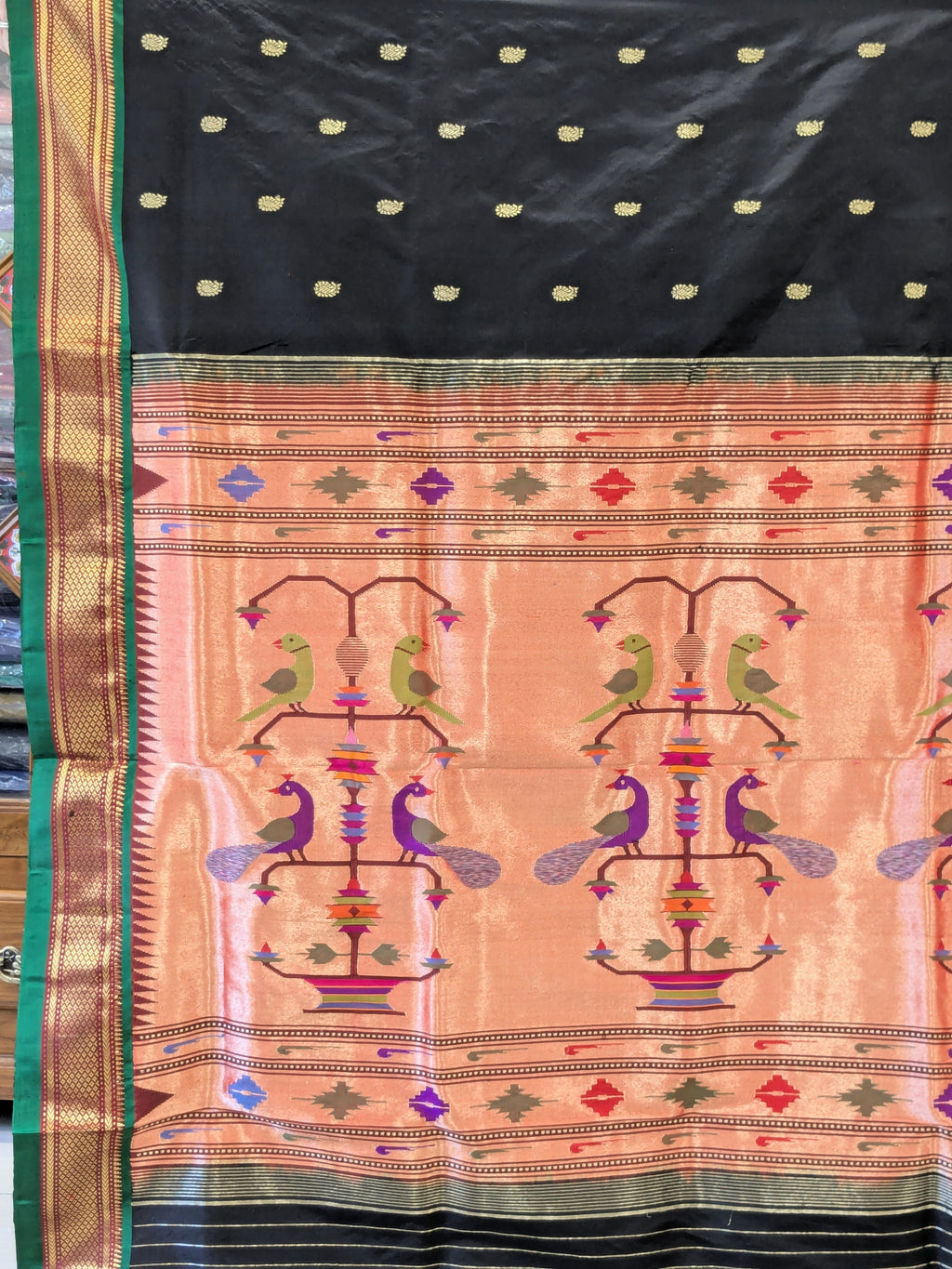 Black Pure Silk Paithani Saree with Big Koyri Buttis & Parrot Peacock Pallu