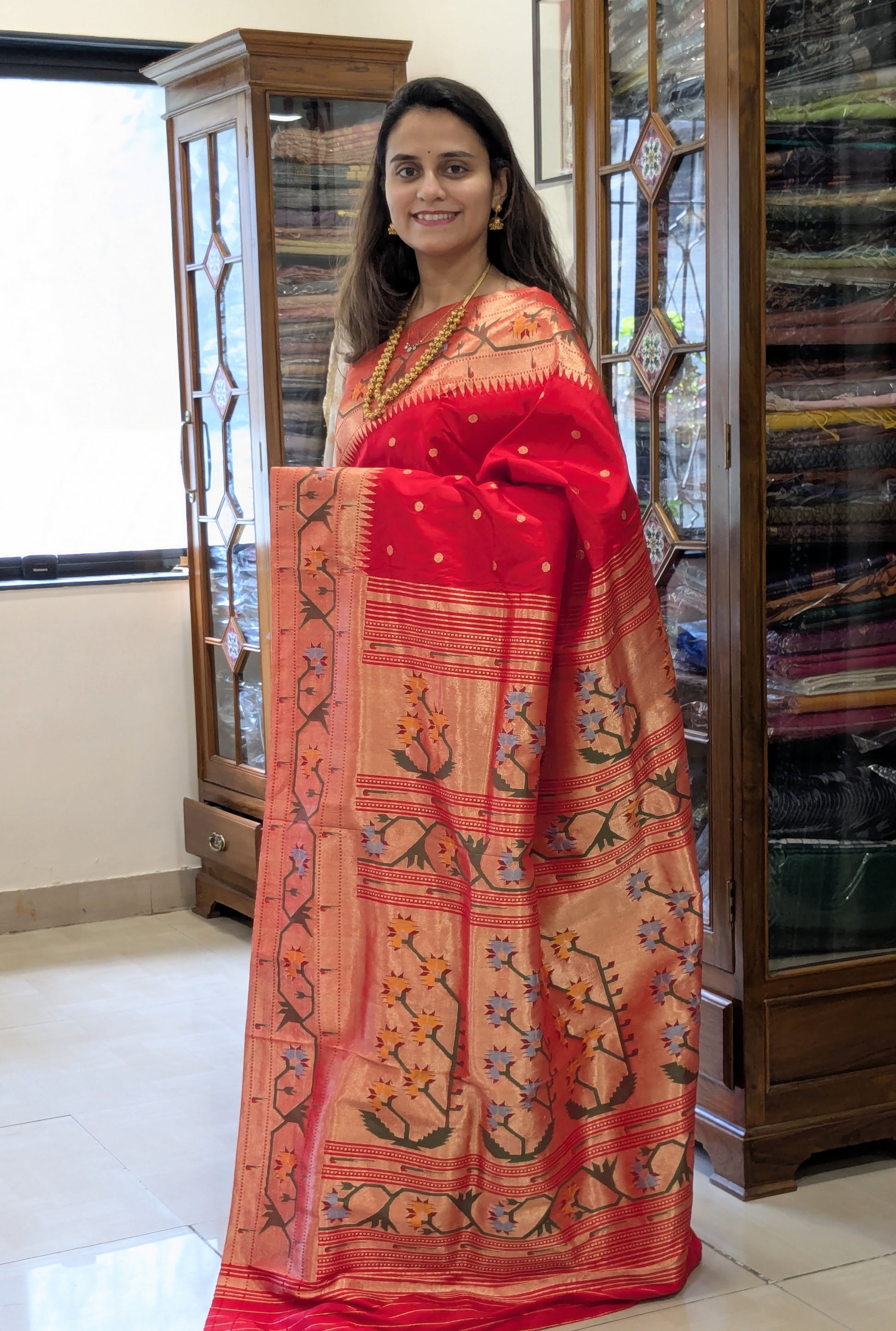 Pure Silk Red Paithani Saree with Intricate Asawali Pallu