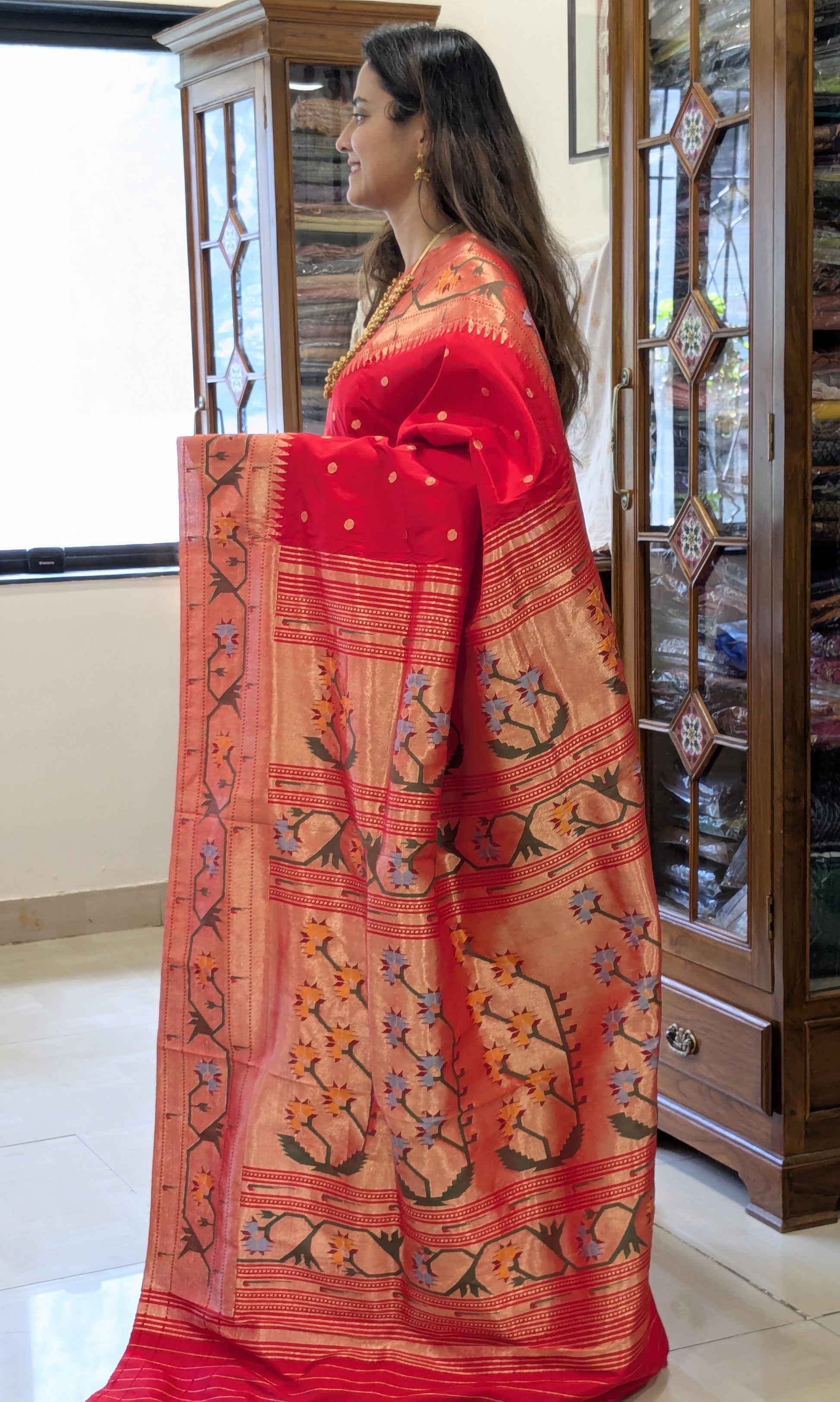 Pure Silk Red Paithani Saree with Intricate Asawali Pallu