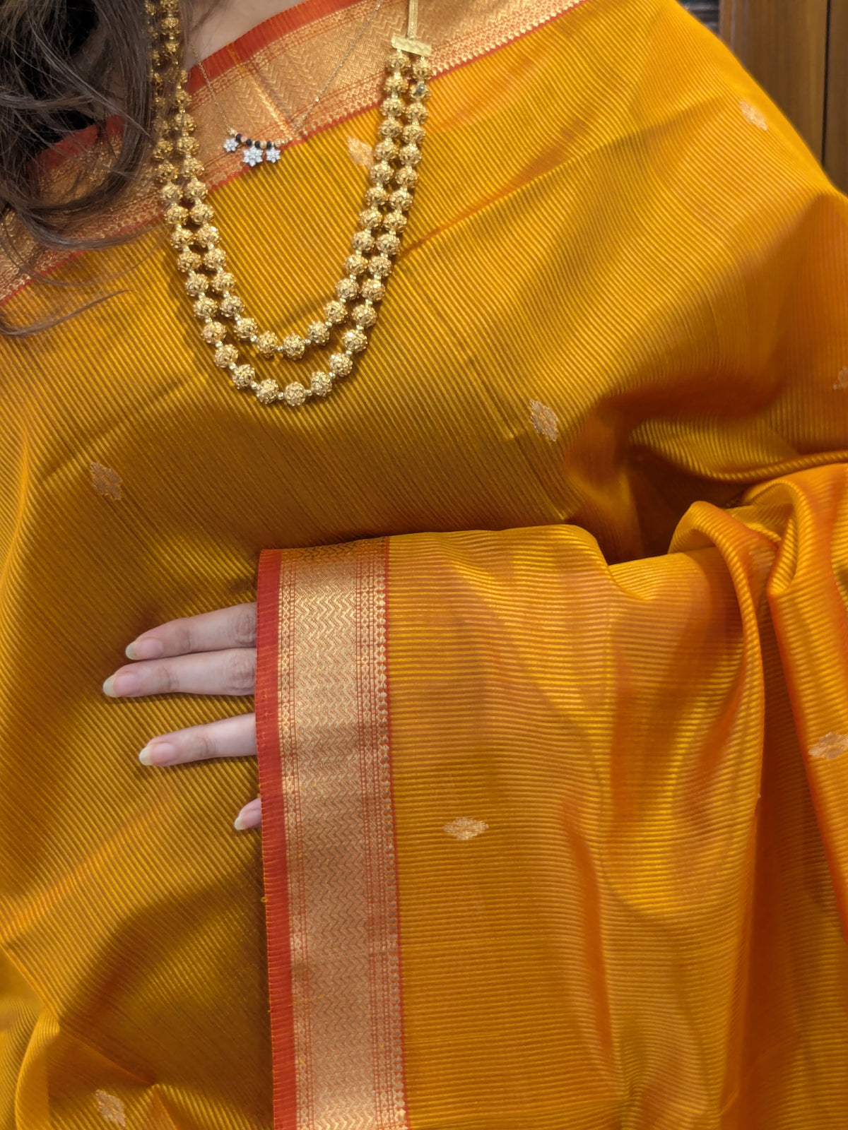 Garbh Reshmi with Butti Bright Orange Maheshwari Handloom Saree