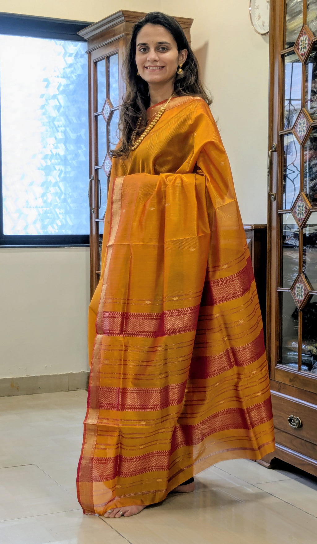 Garbh Reshmi with Butti Light Orange Maheshwari Handloom Saree