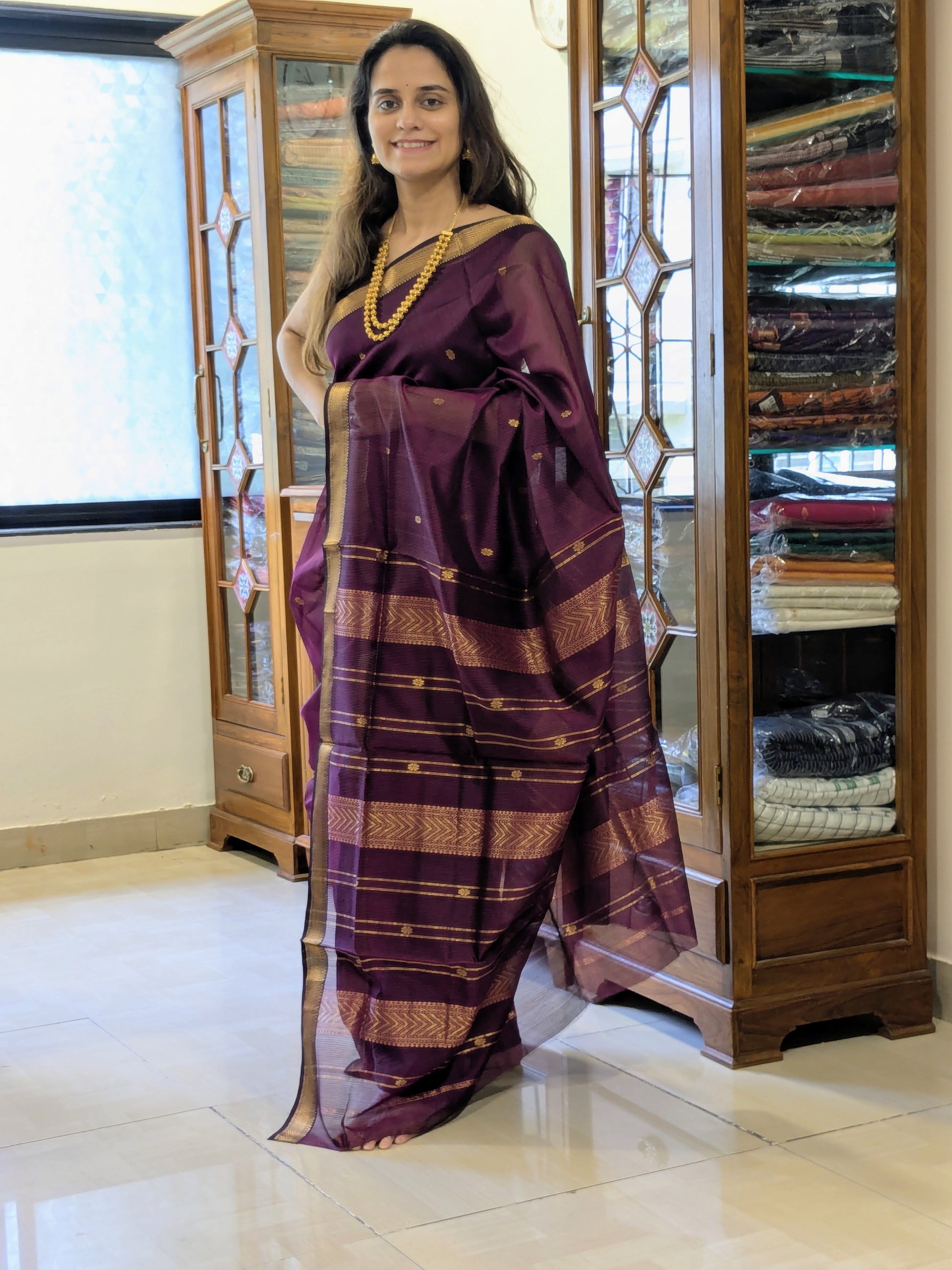 Garbh Reshmi with Butti Wine Maheshwari Handloom Saree