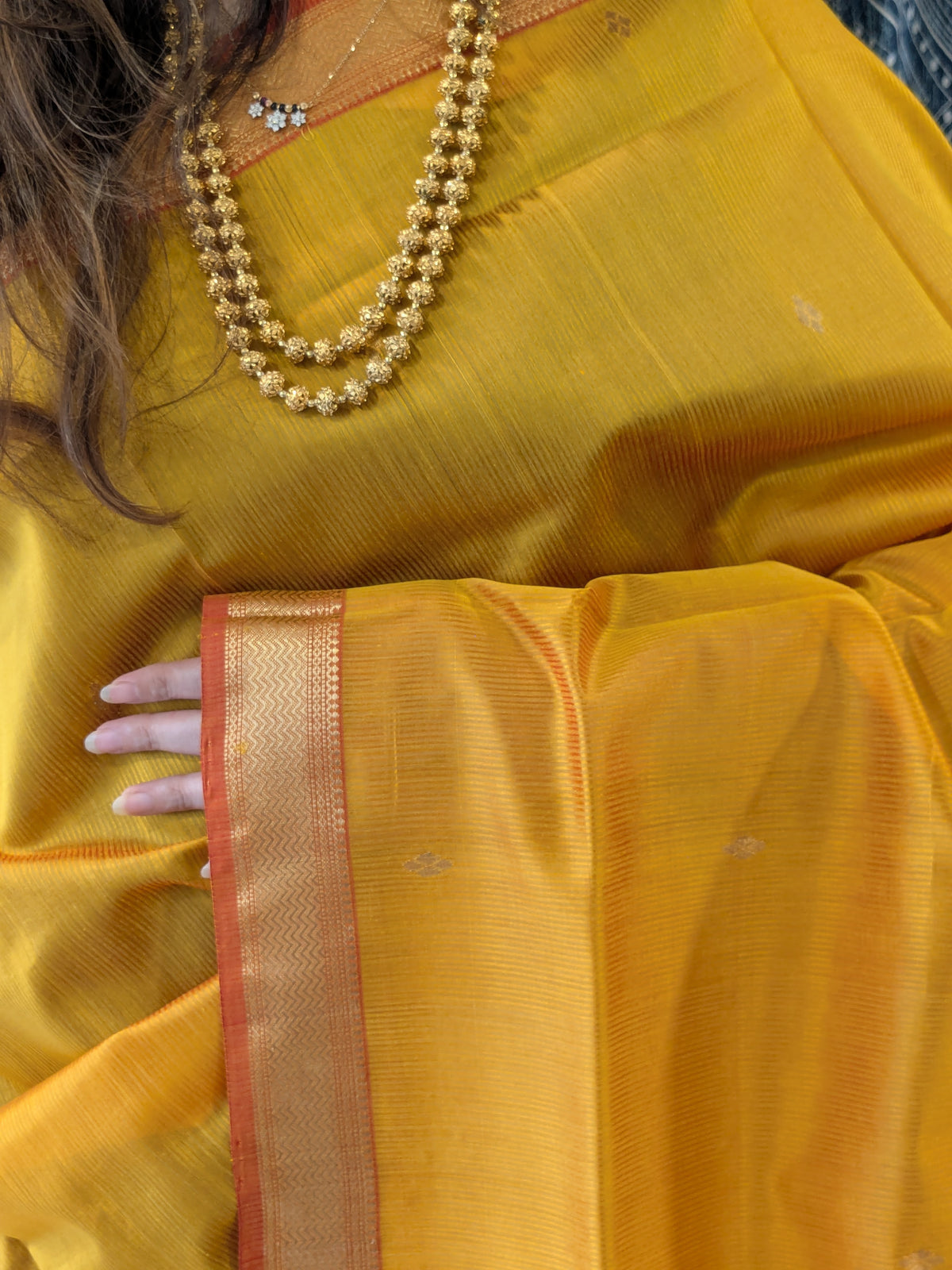 Garbh Reshmi with Butti Golden Yellow Maheshwari Handloom Saree