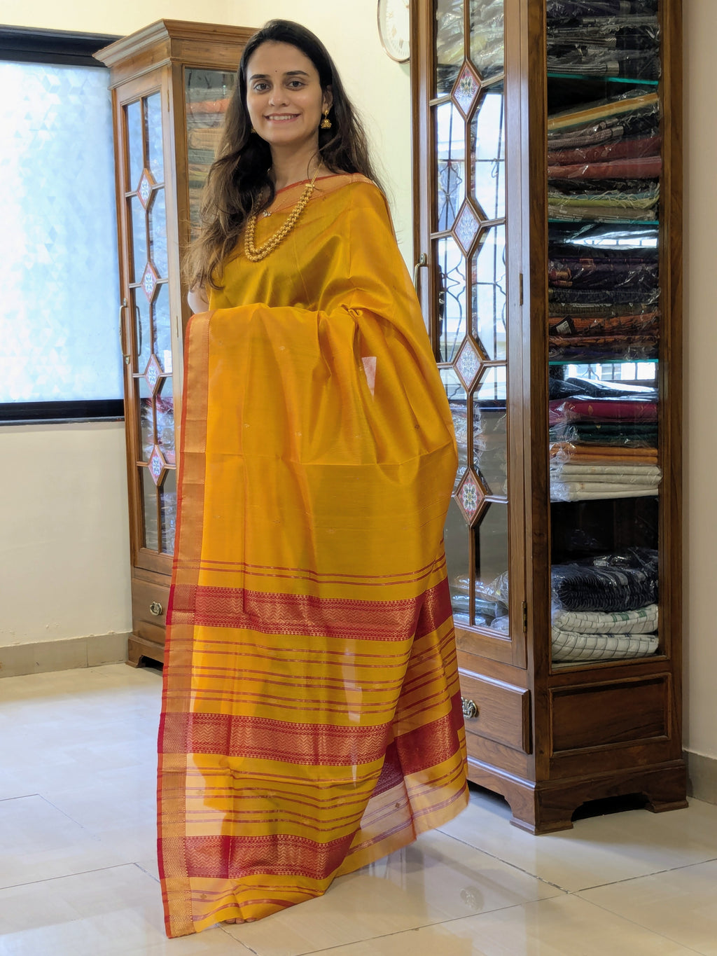 Garbh Reshmi with Butti Golden Yellow Maheshwari Handloom Saree