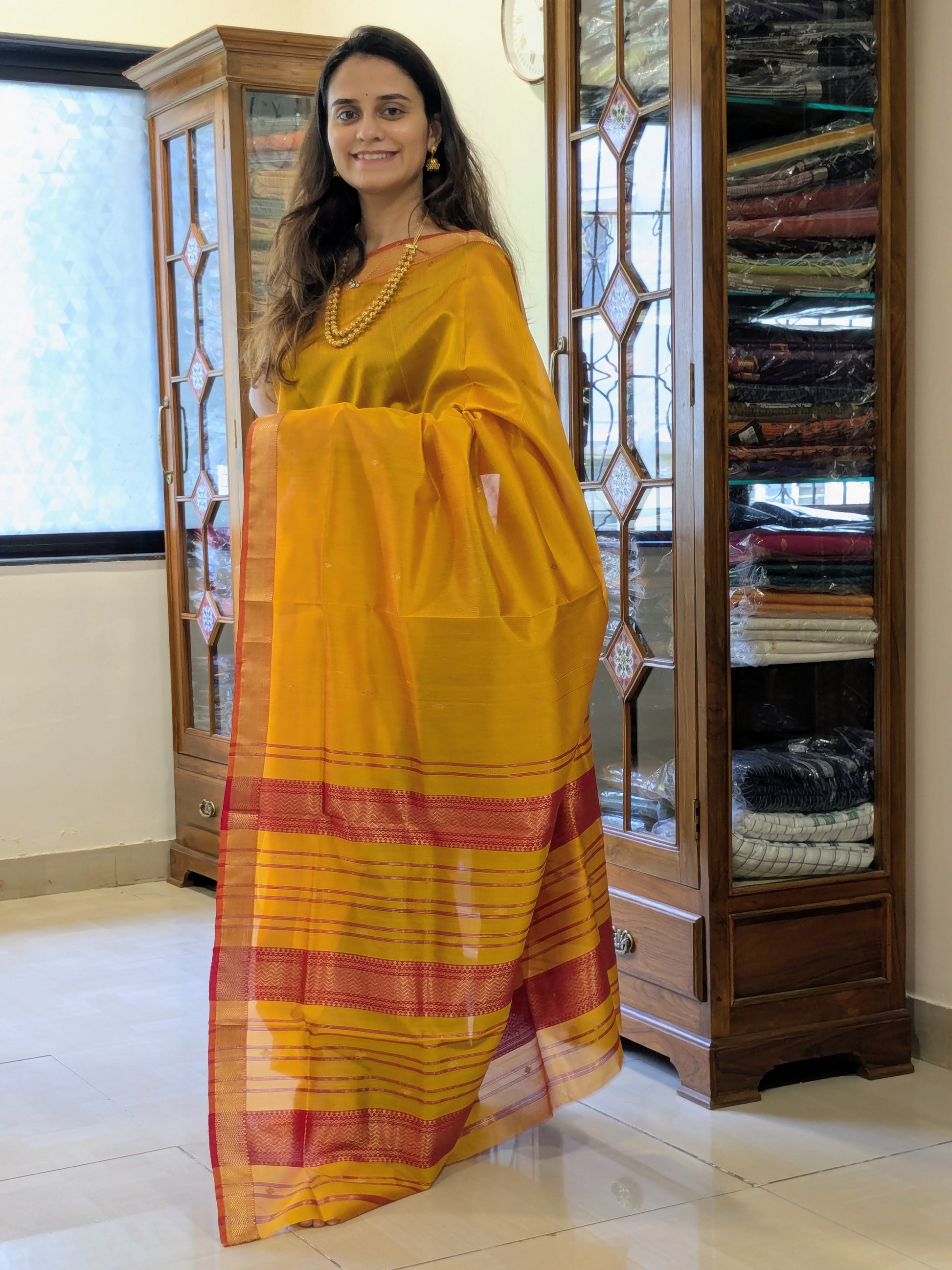 Garbh Reshmi with Butti Golden Yellow Maheshwari Handloom Saree