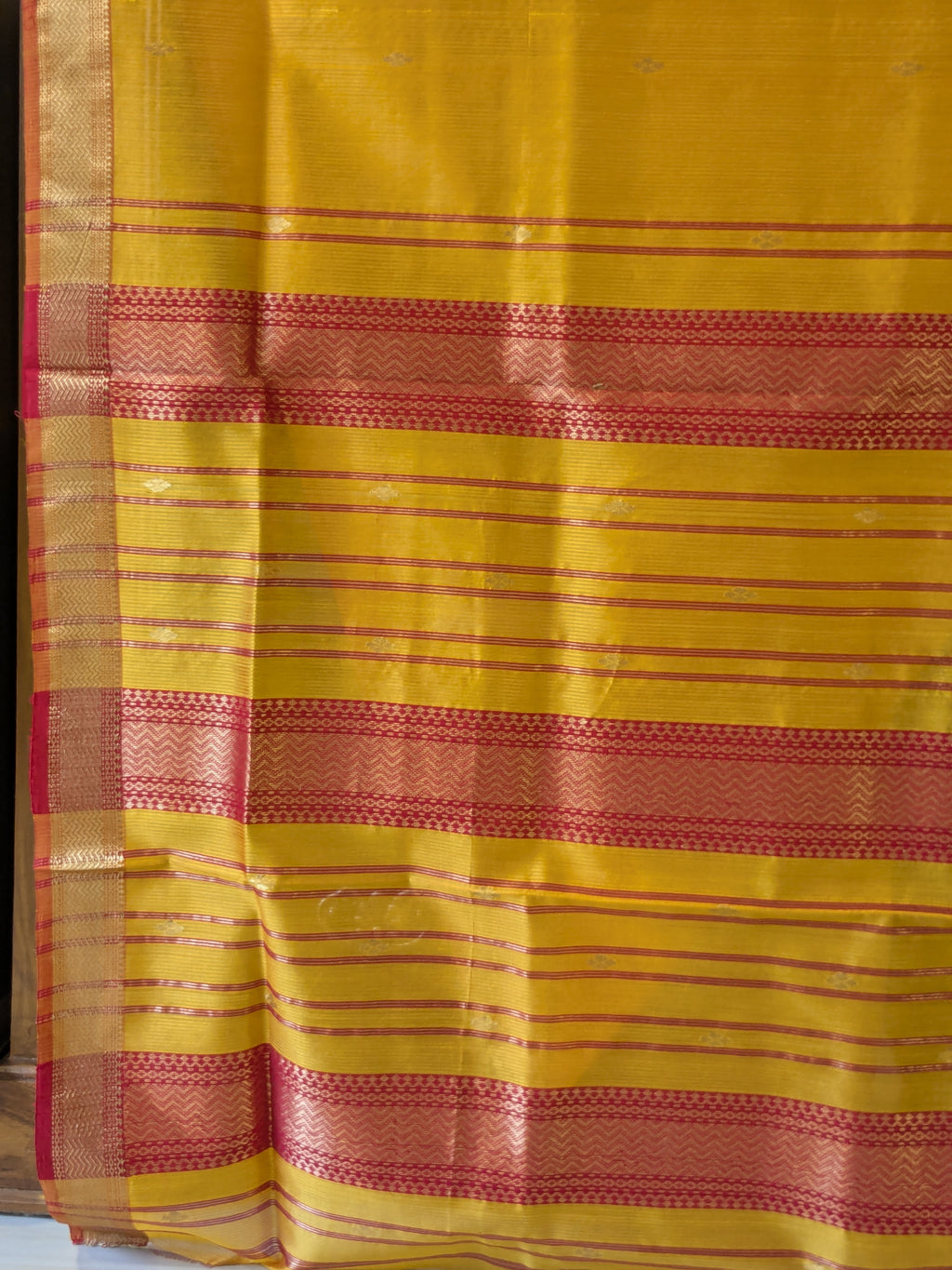 Garbh Reshmi with Butti Golden Yellow Maheshwari Handloom Saree