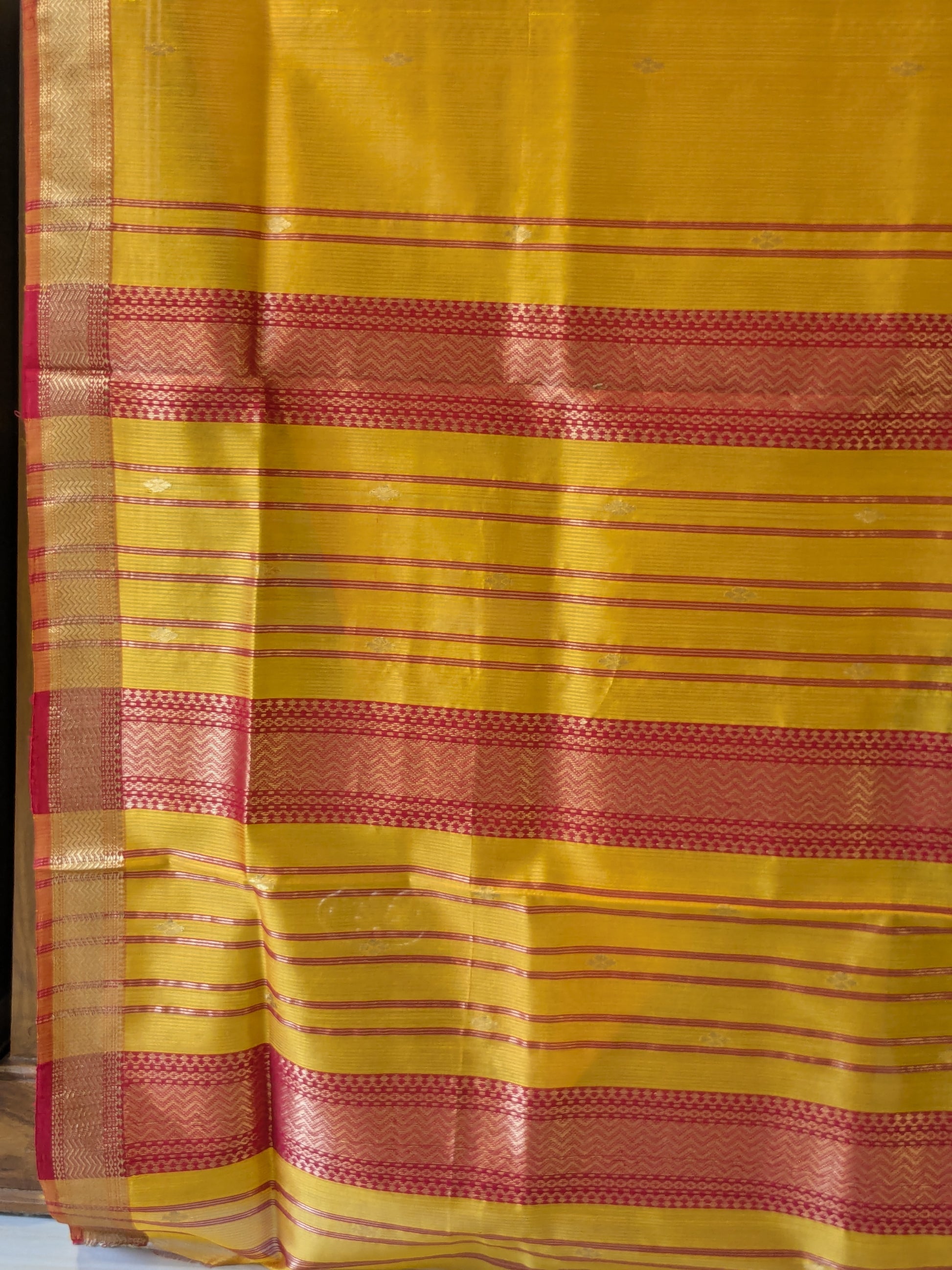 Garbh Reshmi with Butti Golden Yellow Maheshwari Handloom Saree