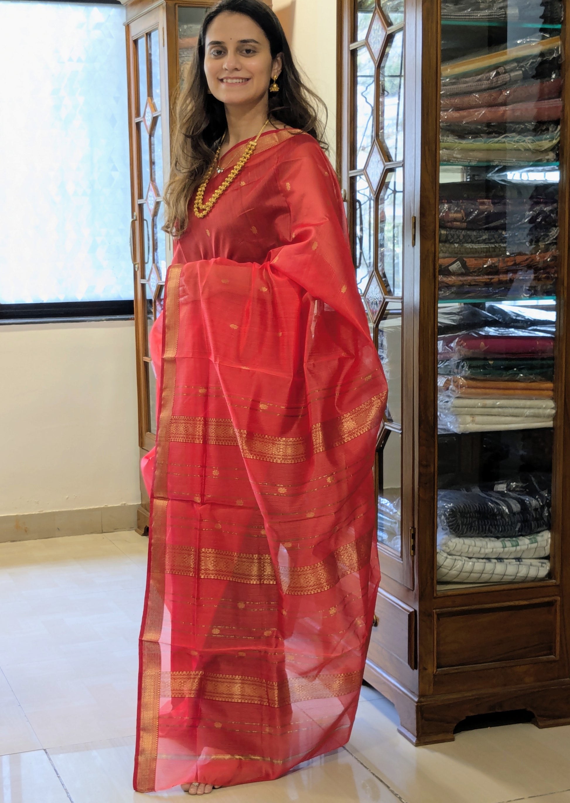Garbh Reshmi with Butti Red Maheshwari Handloom Saree