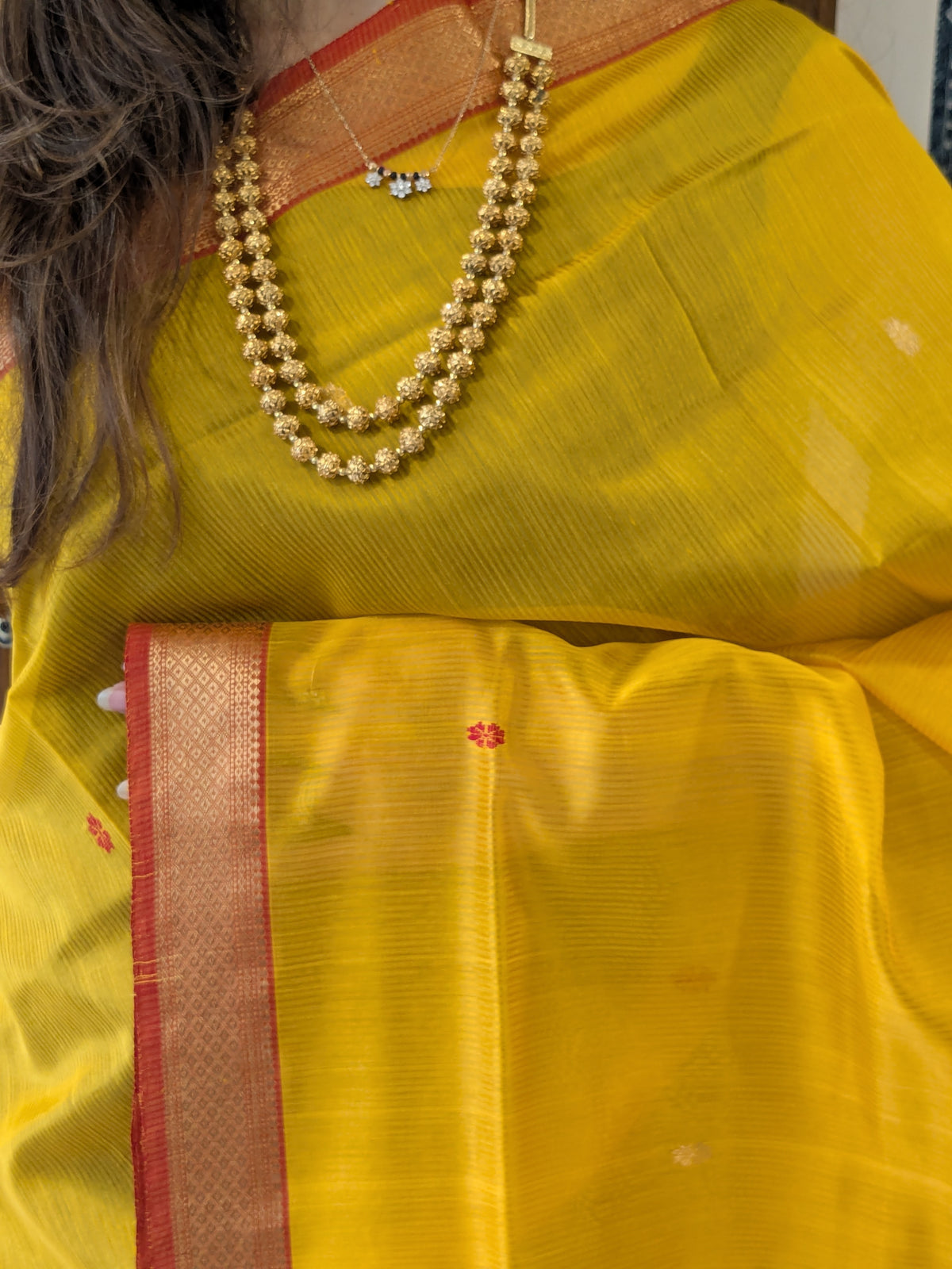 Garbh Reshmi with Butti Haldi Yellow Maheshwari Handloom Saree