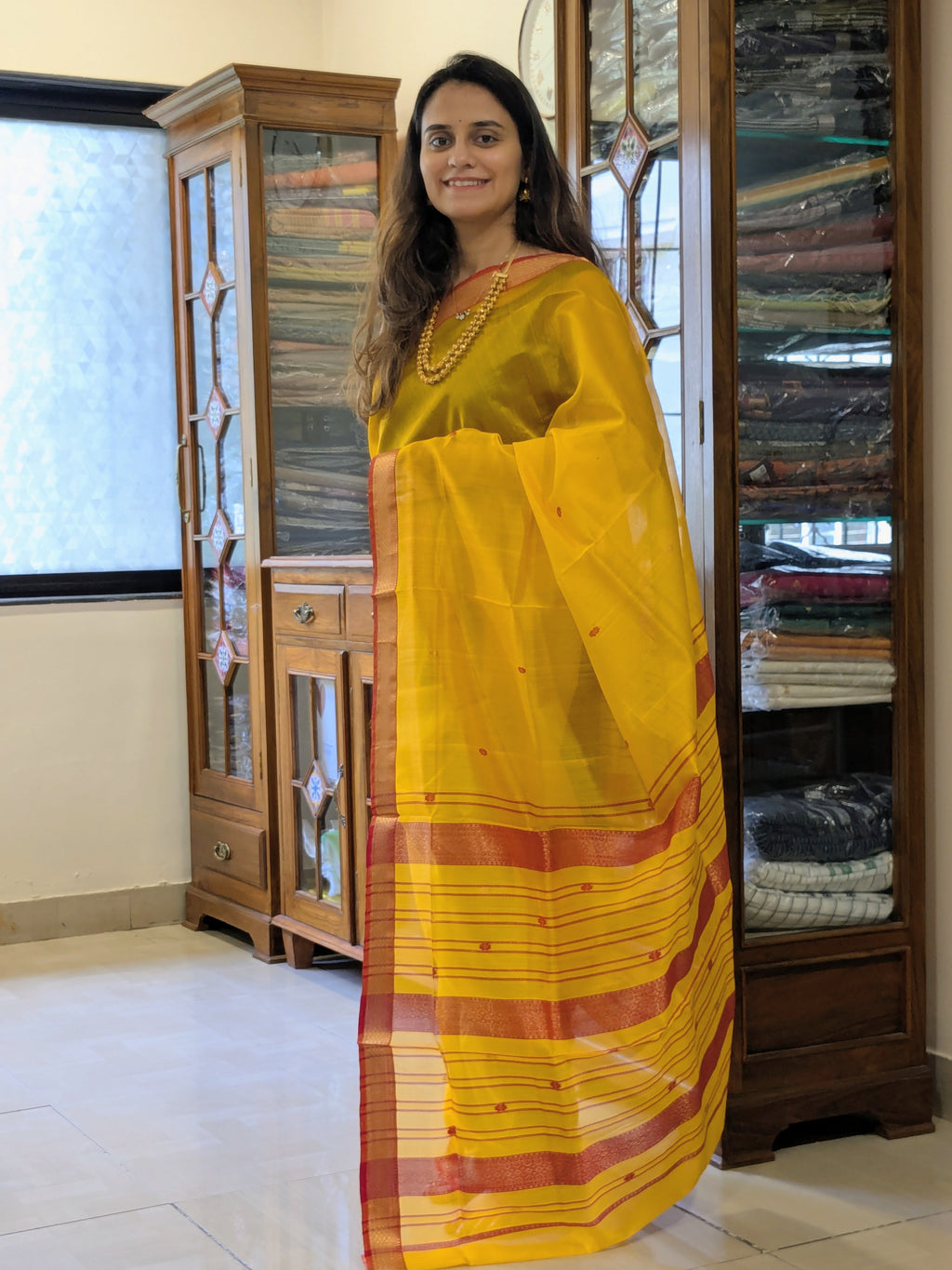 Garbh Reshmi with Butti Haldi Yellow Maheshwari Handloom Saree