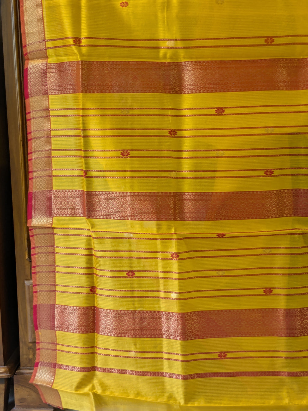 Garbh Reshmi with Butti Haldi Yellow Maheshwari Handloom Saree