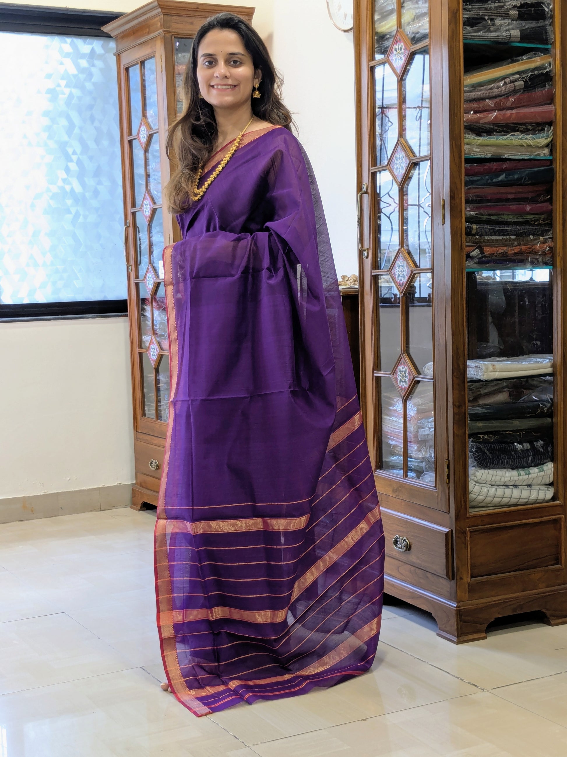 Purple Maheshwari Silk Cotton Saree with Zari Pallu