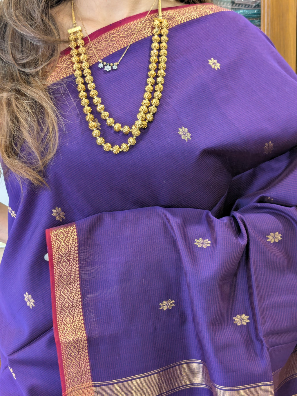 Purple Maheshwari Silk Cotton Saree with Buttidar Pallu