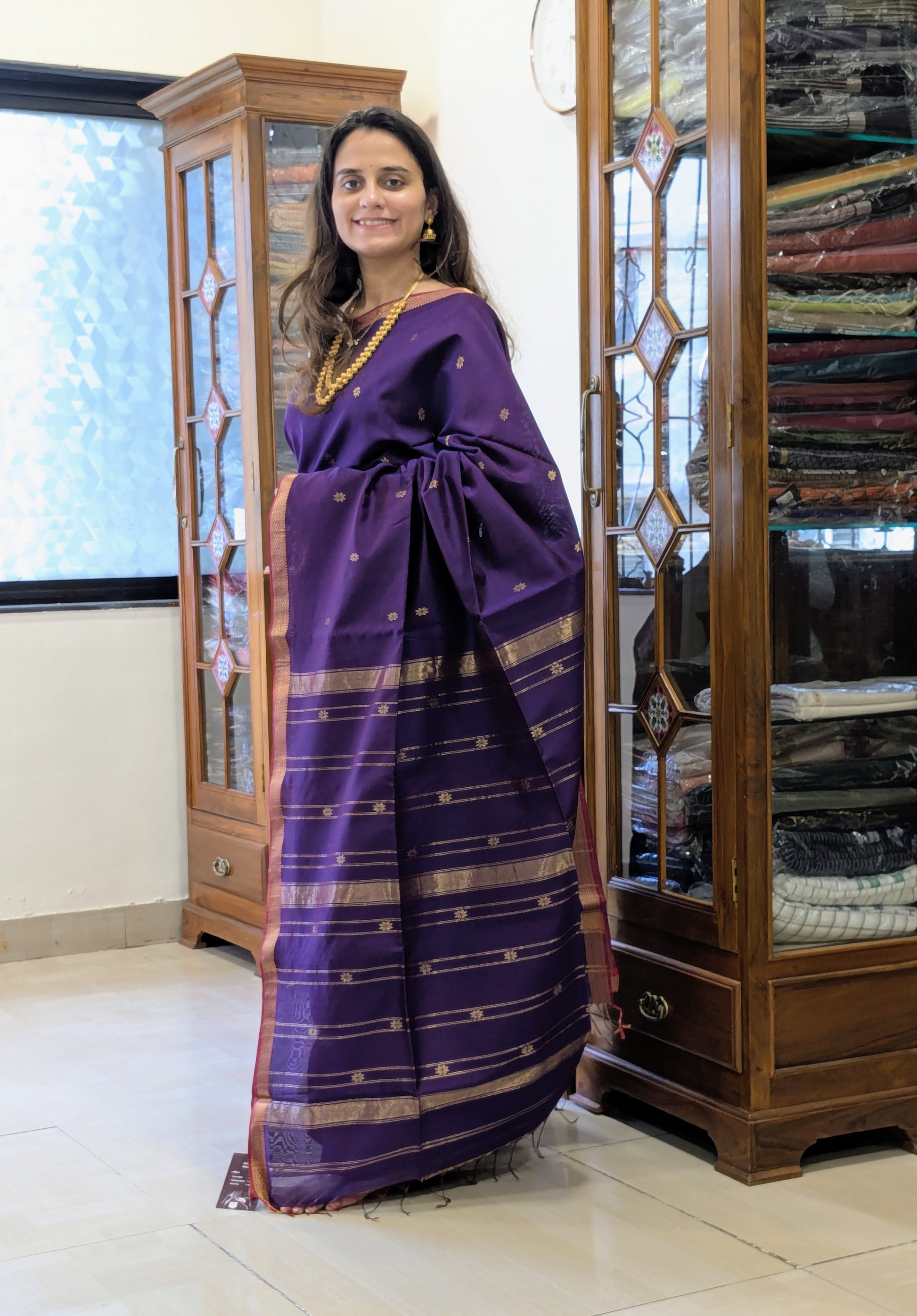 Purple Maheshwari Silk Cotton Saree with Buttidar Pallu